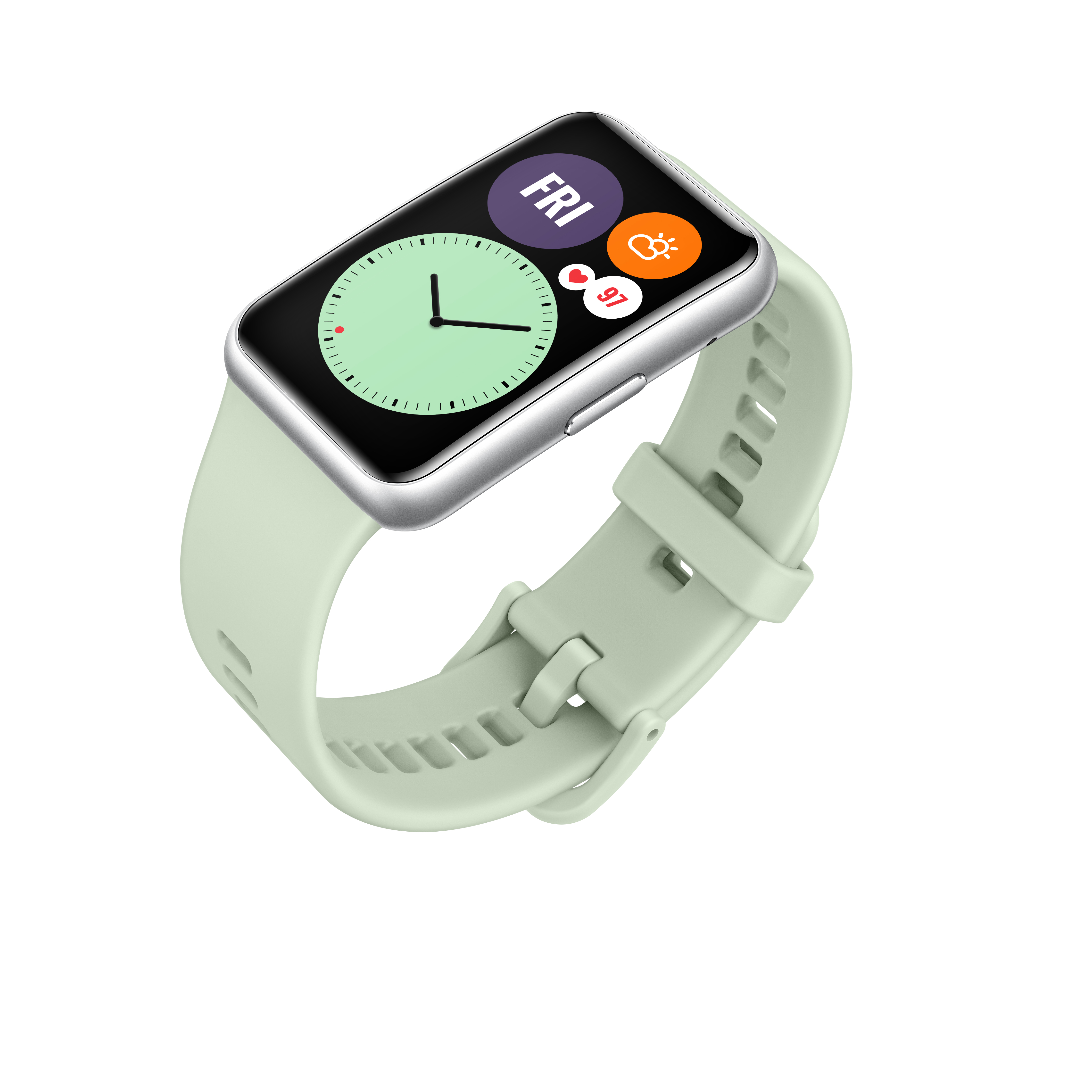 Un reloj inteligente verde con marco plateado y correa verde claro, que muestra el viernes.