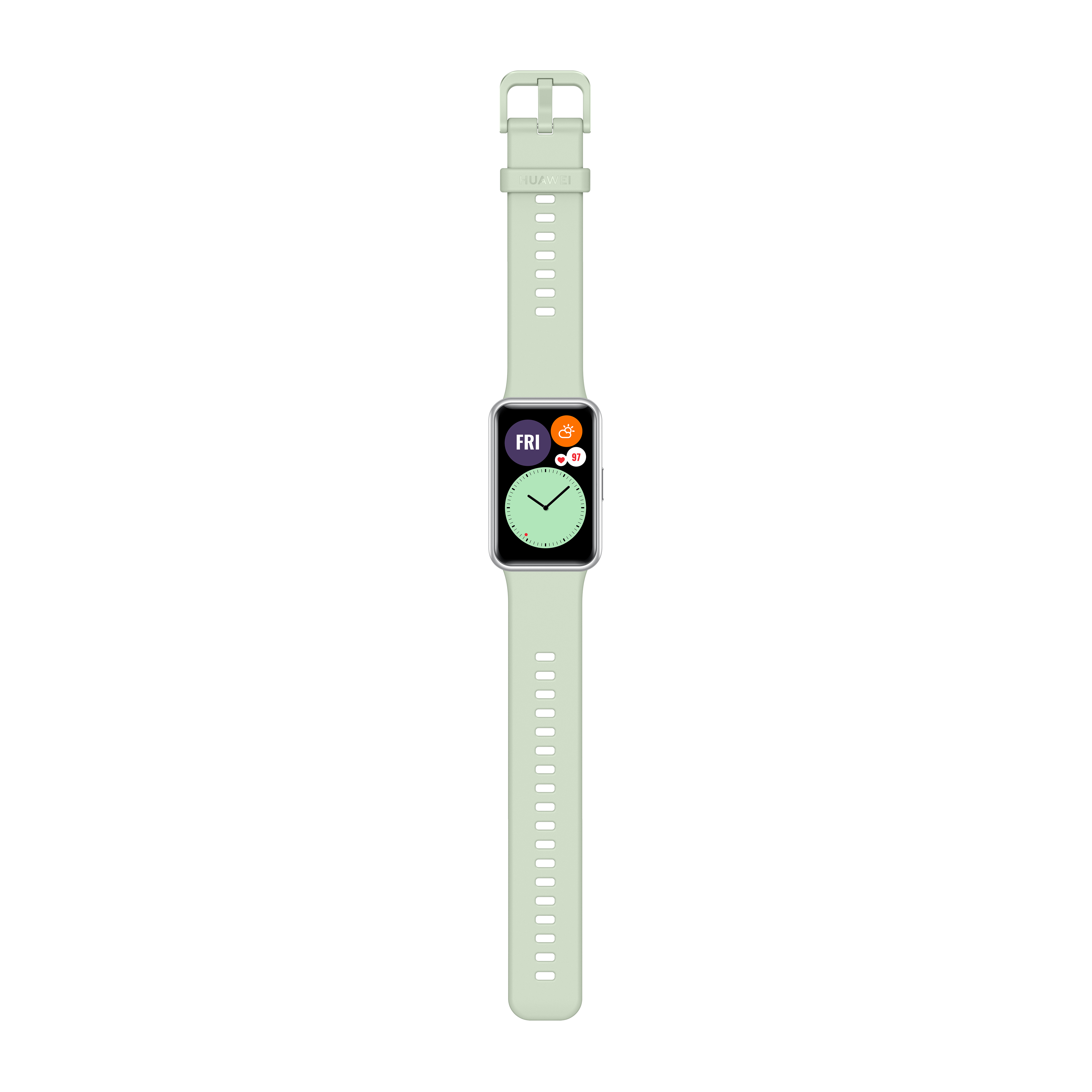 Un smartwatch Huawei verde claro con pantalla rectangular y correa verde claro.