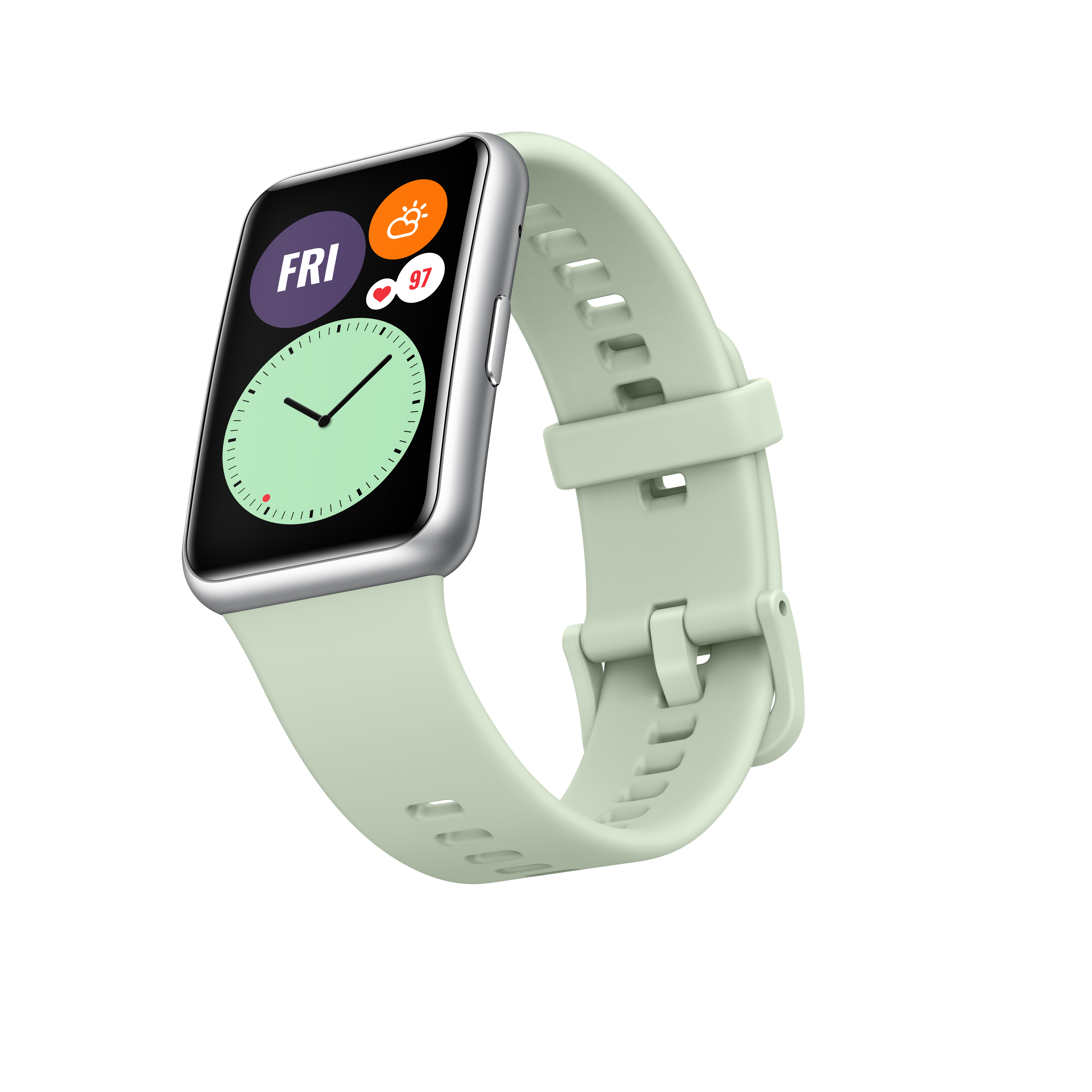 Un reloj inteligente Huawei verde claro con una esfera cuadrada y una correa verde.