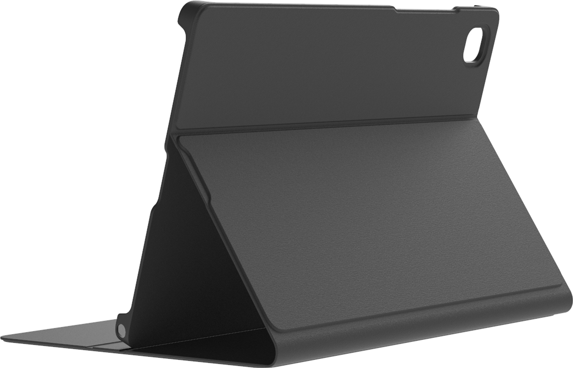 Een zwarte tabletcase die rechtop staat, met de tablet erin.
