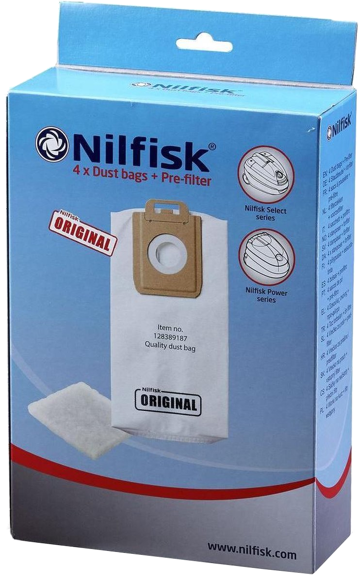 Doos met Nilfisk stofzuigerzakken met voorfilter.