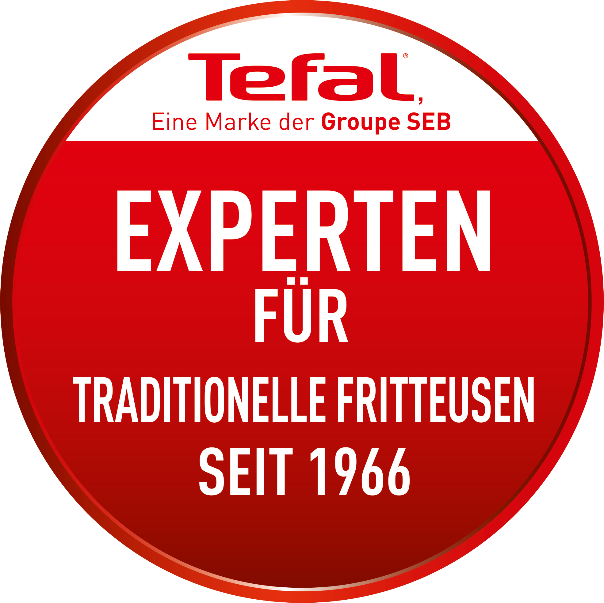 Ein Tefal-Logo in einem roten Kreis mit der Aufschrift 'EXPERTS FOR TRADITIONAL FRYERS SINCE 1966'.