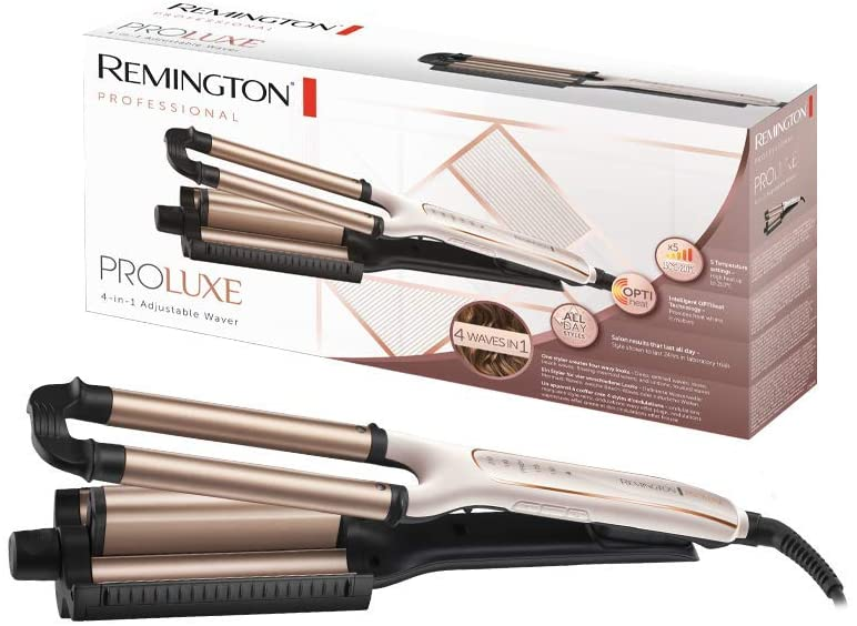 Remington ProLuxe 4-in-1 verstellbarer Waver und seine Box.