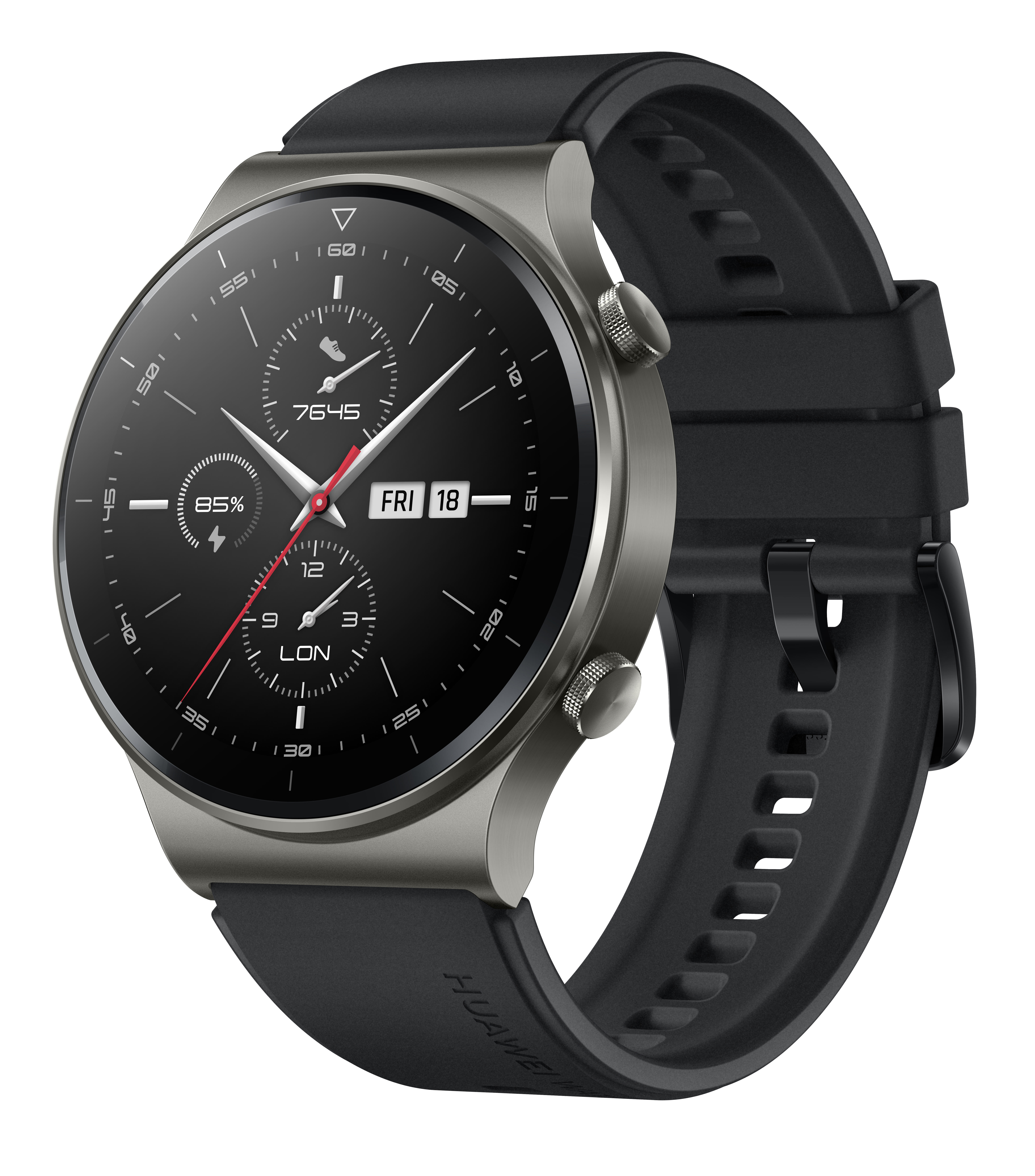 Eine Smartwatch mit schwarzem Armband und dunkelgrauem Zifferblatt.