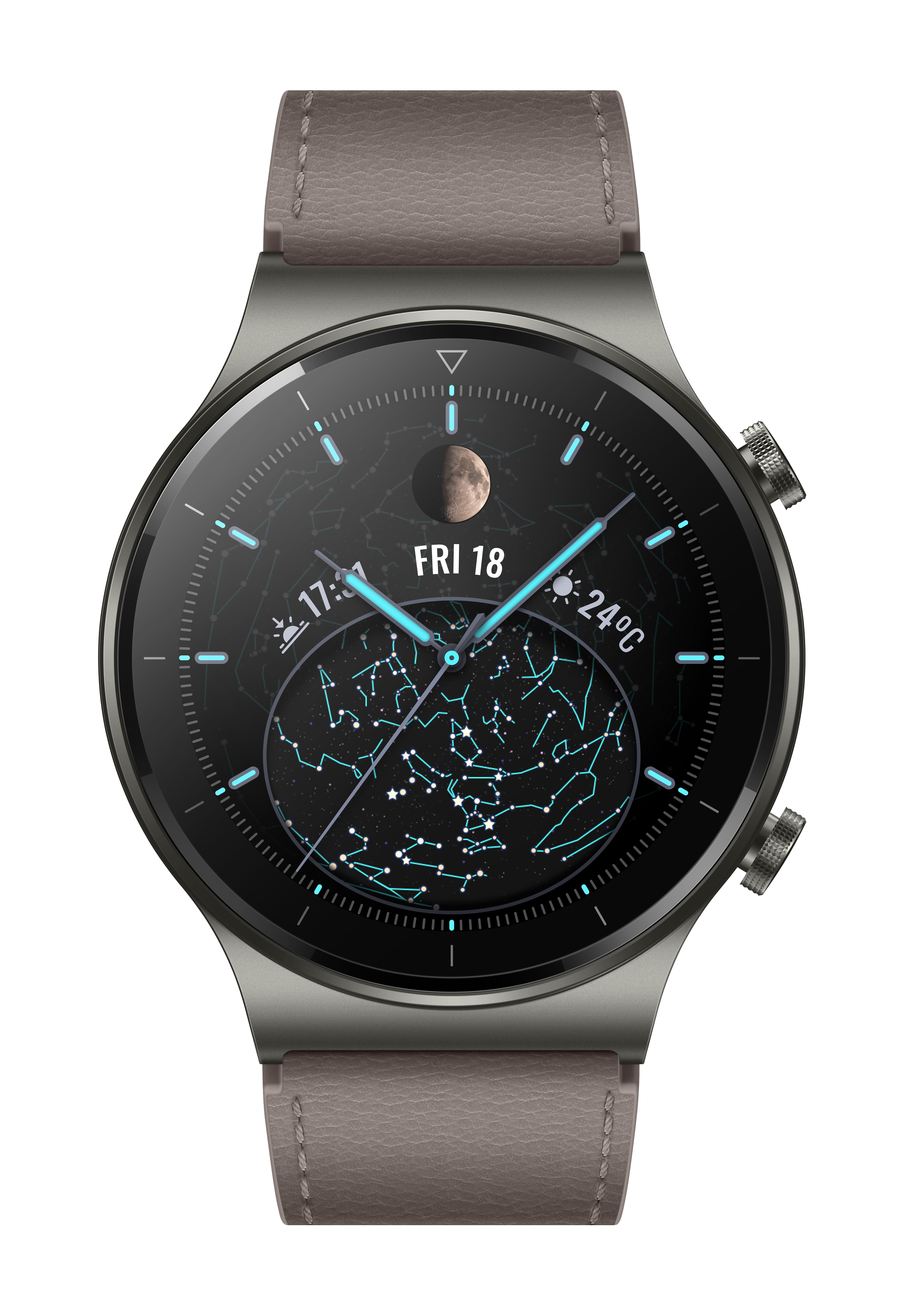 Smartwatch. Das Zifferblatt zeigt einen Sternenhimmel mit Text. Lederarmband.