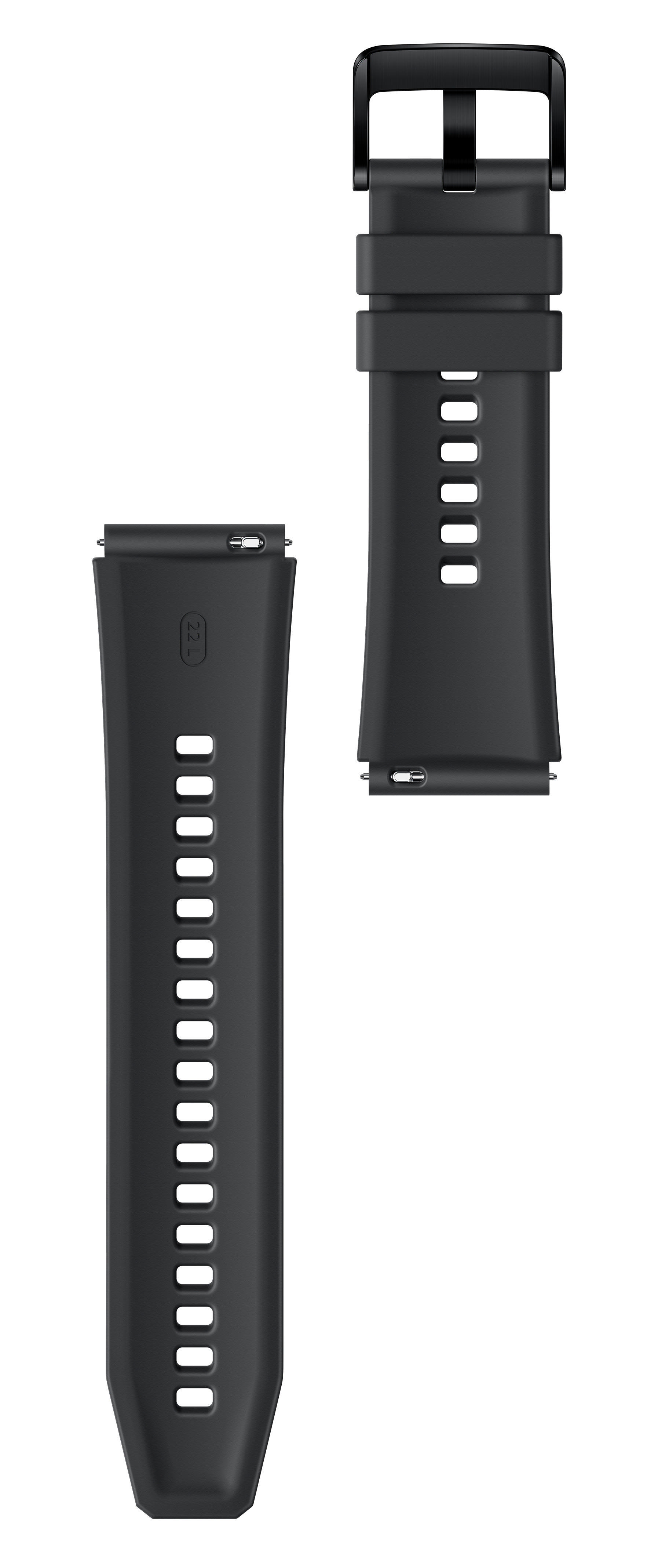Zwei schwarze Uhrenarmbänder. Eines mit Löchern, das andere mit einer Schnalle. Weißer Hintergrund.