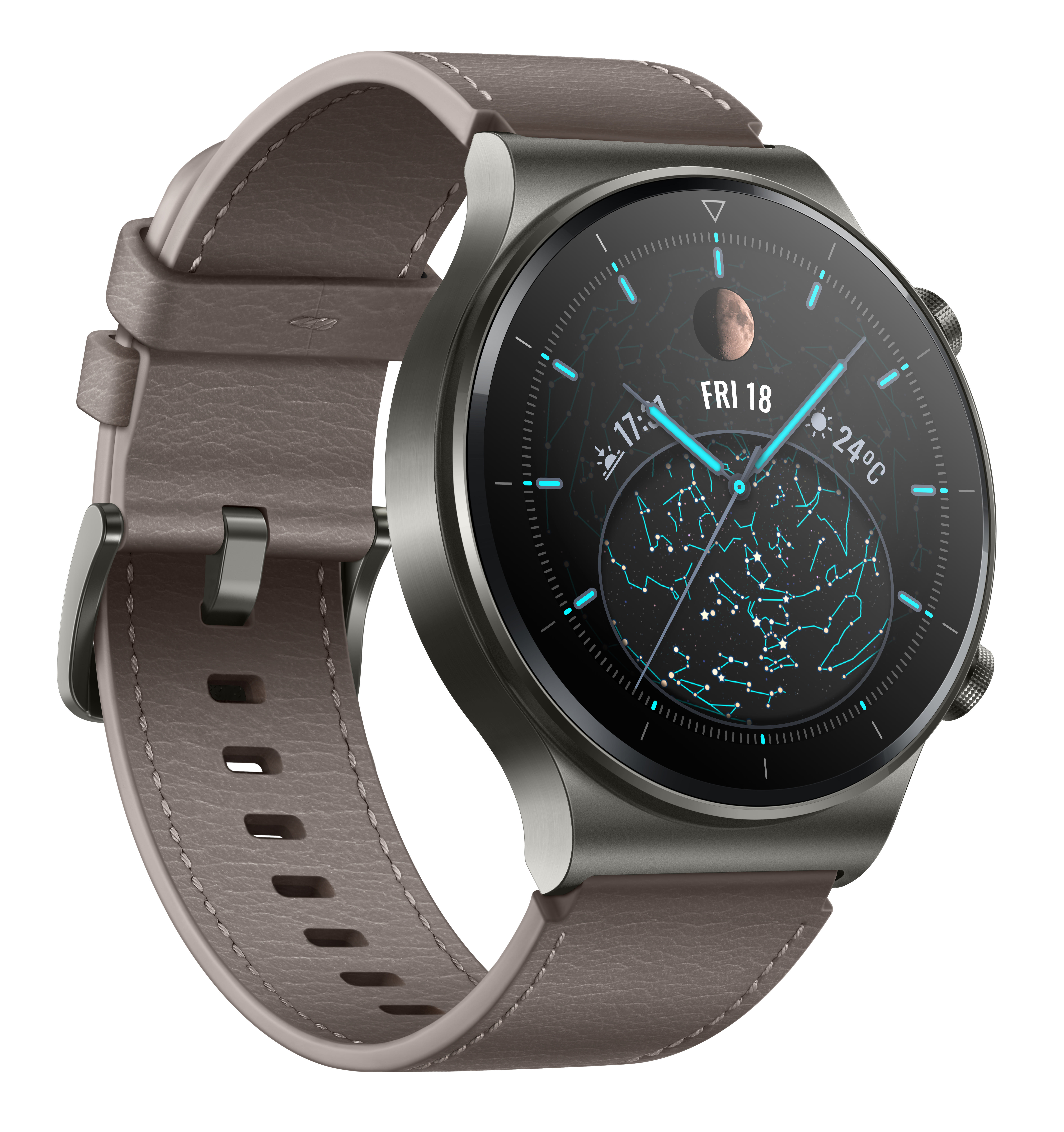 Eine Smartwatch mit grauem Gehäuse und hellbraunem Armband. Der Bildschirm zeigt Zeit und Datum.