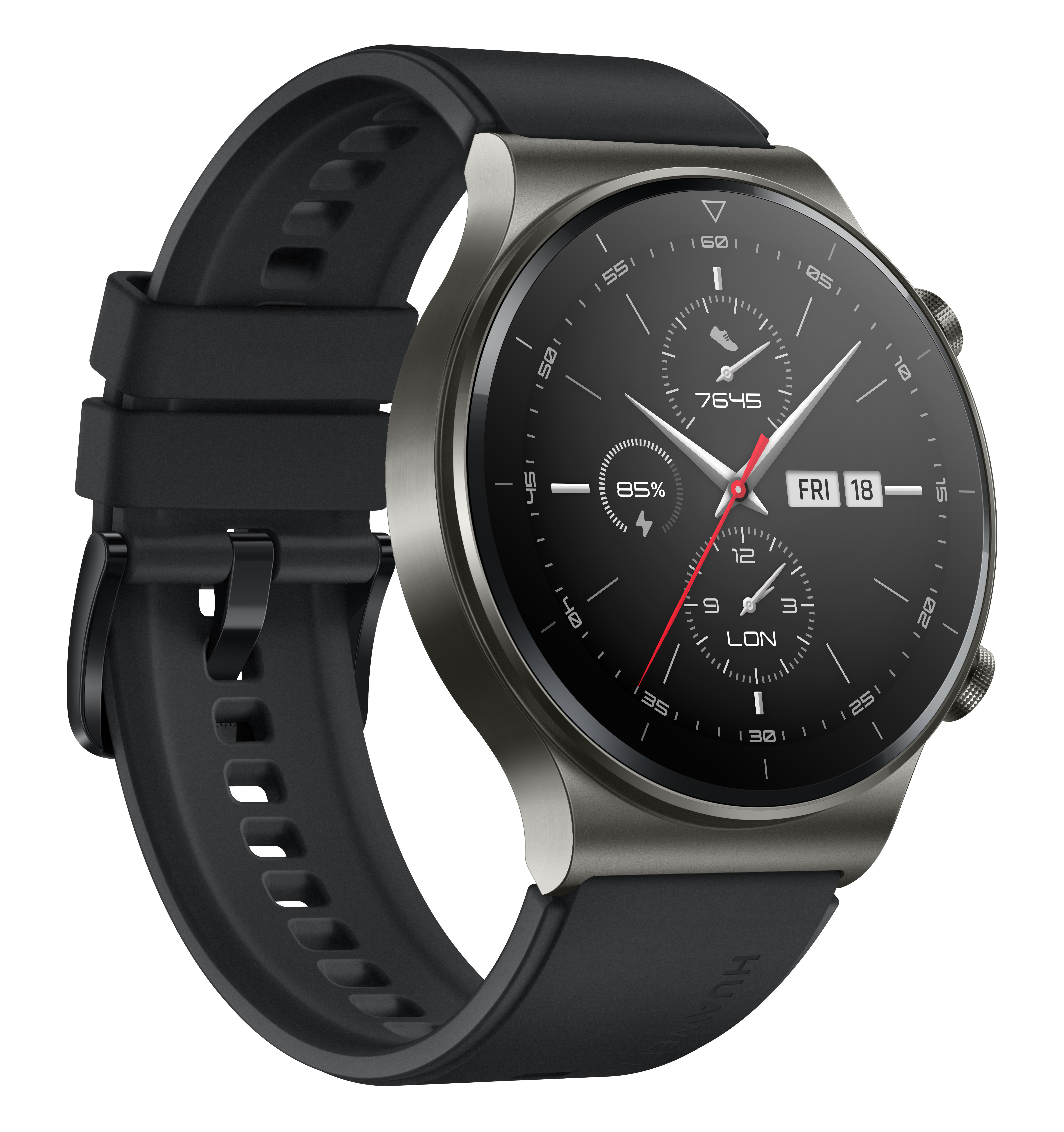 Eine schwarz-silberne Smartwatch mit schwarzem Armband. Das Display zeigt Zeit und Daten.