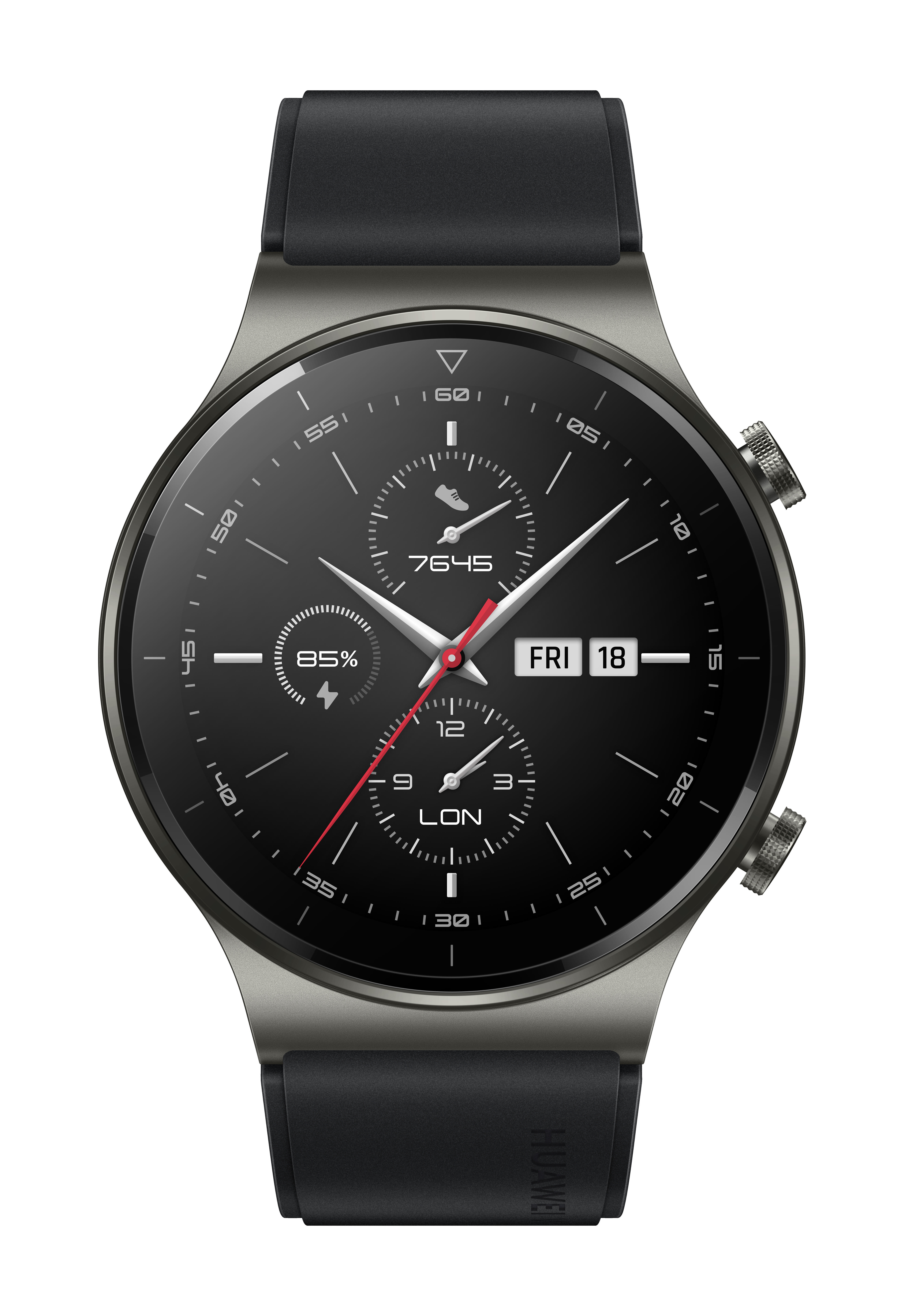 Eine schwarze Smartwatch mit dunkelgrauem Gehäuse, die Zeit und Datum anzeigt.
