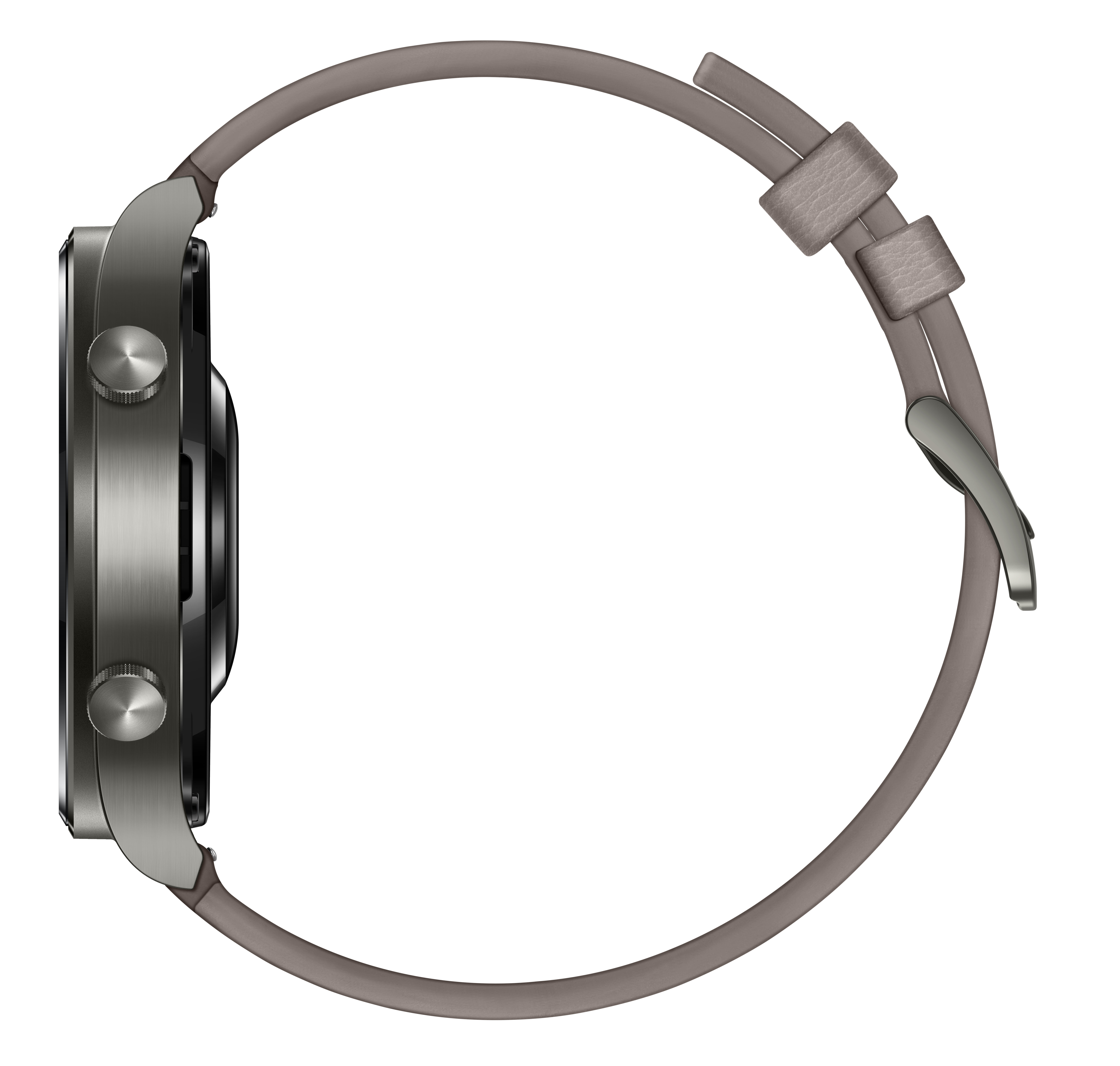 Seitenansicht einer Smartwatch, die das graue Gehäuse, die Knöpfe und das hellbraune Armband zeigt.