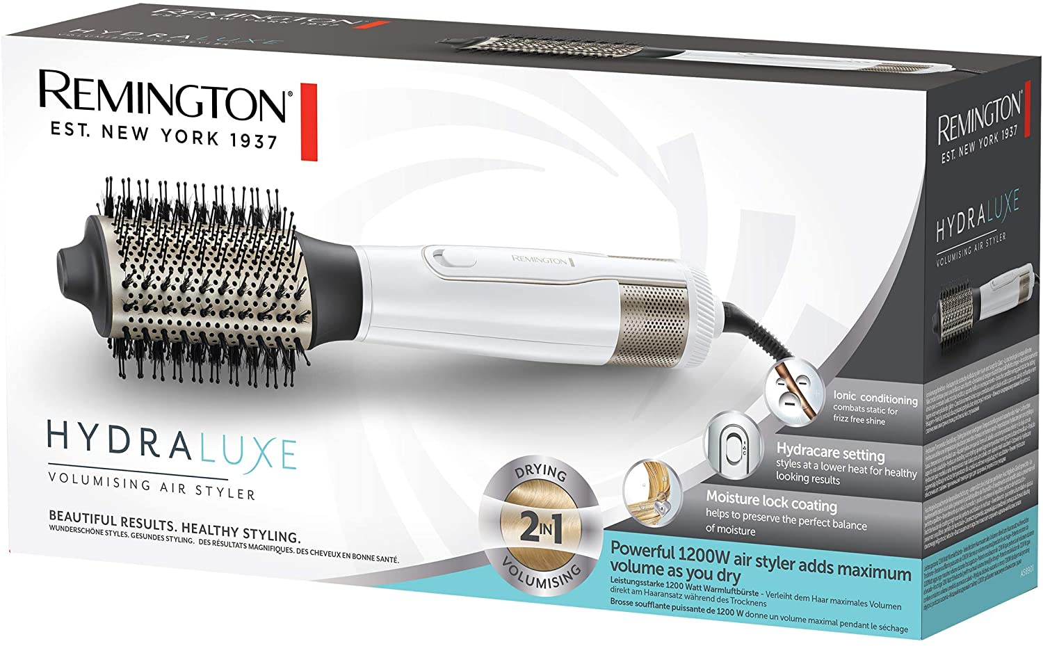 Ein weißer und goldfarbener Haarstyler mit einer Box mit Produktinformationen.