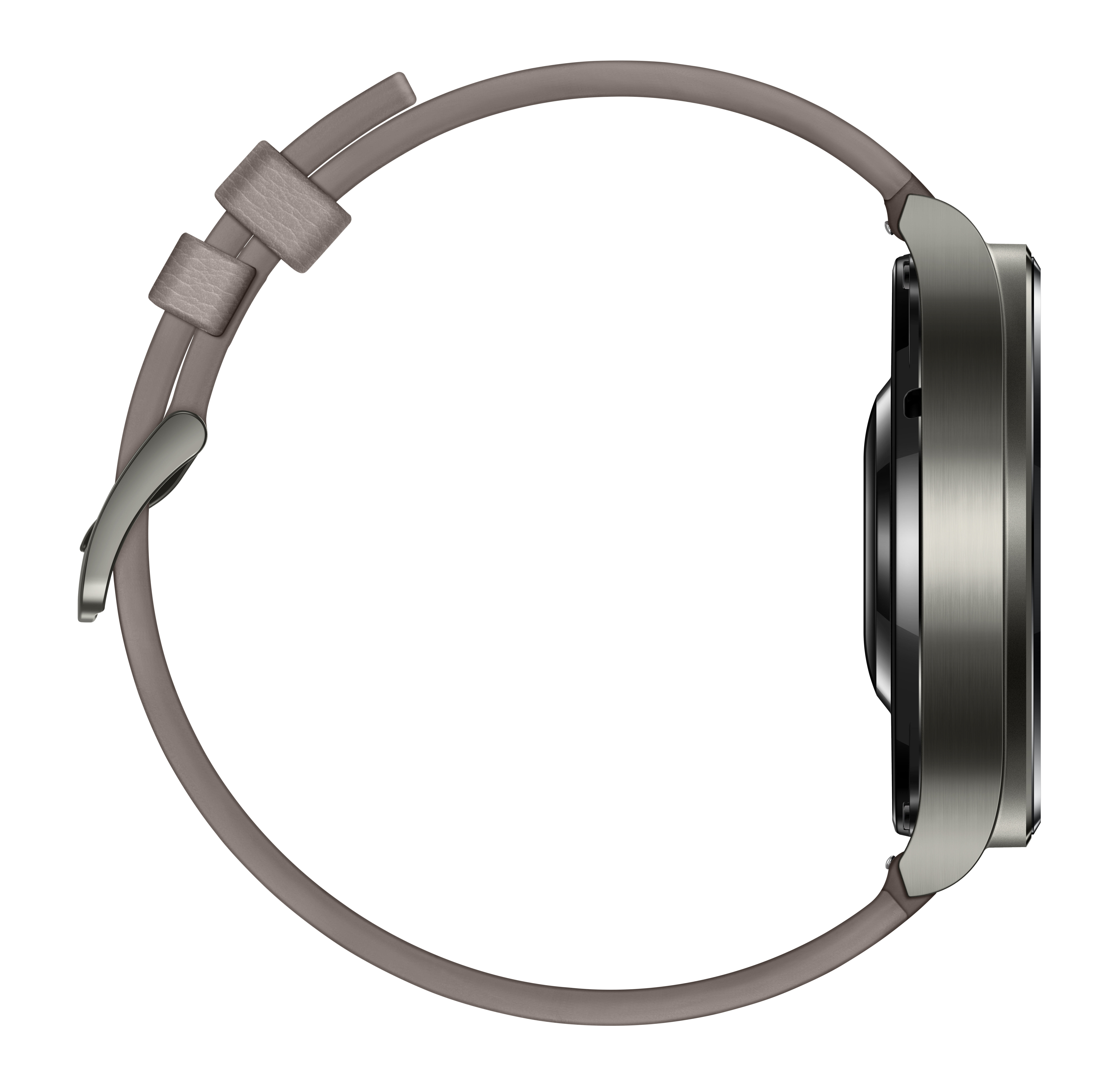 Seitenansicht einer Smartwatch mit hellbraunem Armband und grauem Gehäuse. Schwarzer Hintergrund.