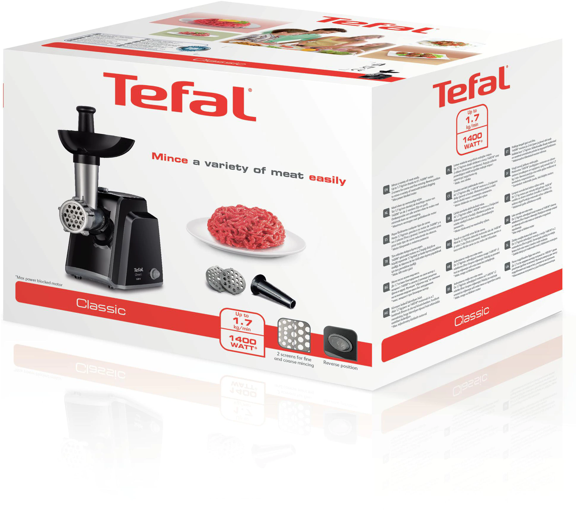Egy Tefal húsdaráló dobozzal, hússal és kiegészítőkkel fehér háttér előtt.