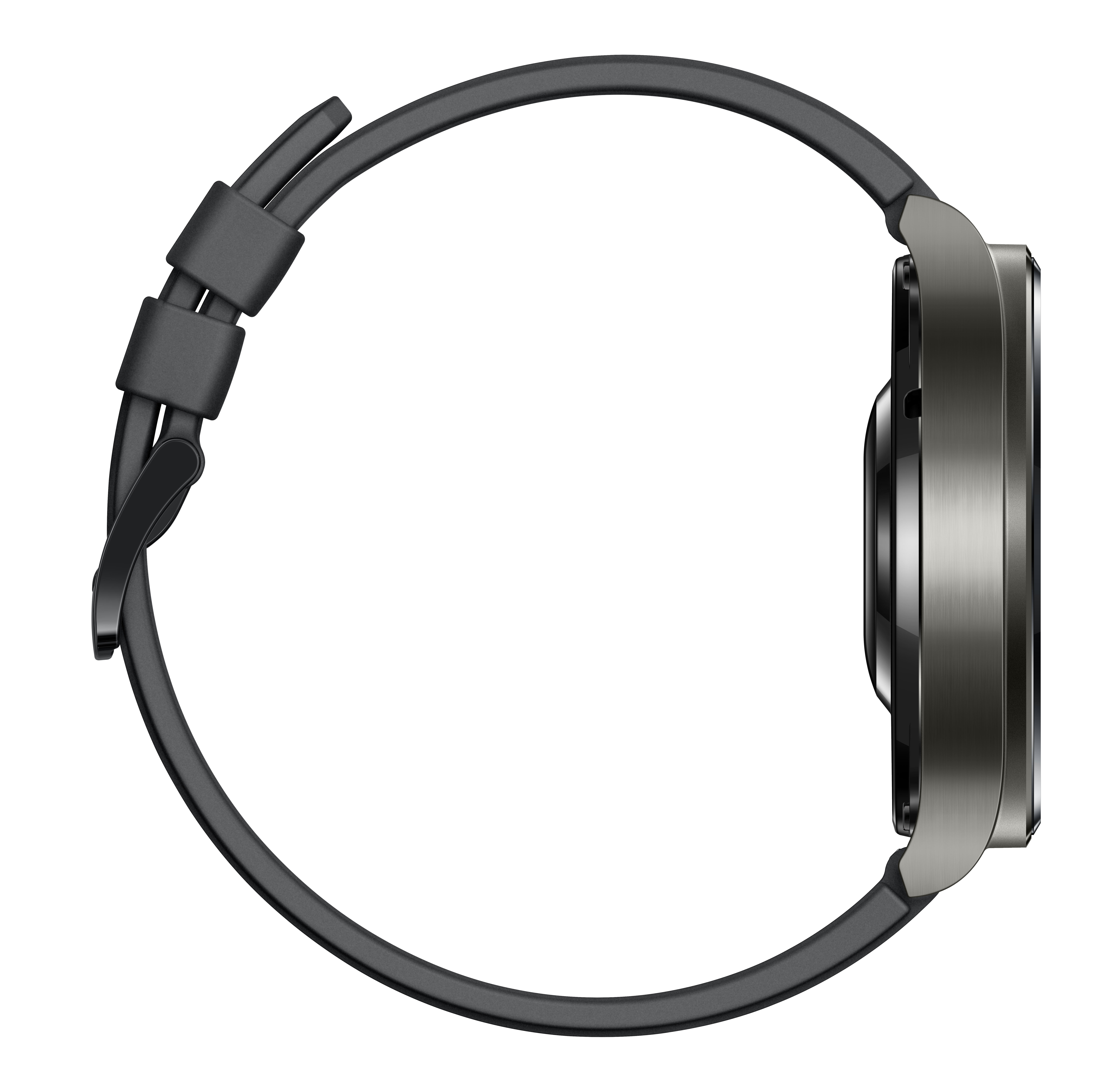 Seitenansicht einer schwarz-silbernen Smartwatch mit schwarzem Armband, kreisförmiges Design.