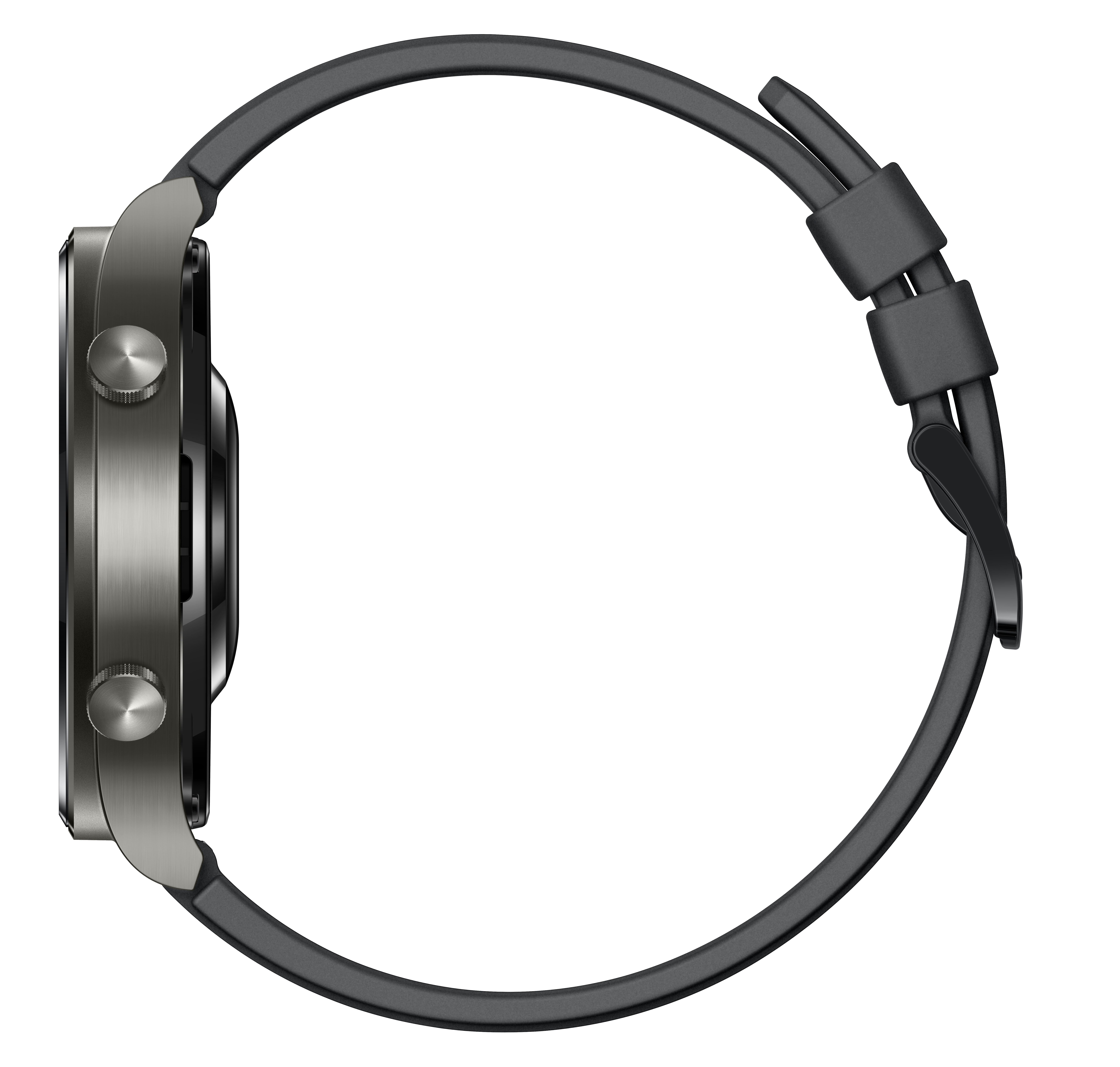 Eine Seitenansicht einer schwarz-grauen Smartwatch mit schwarzem Armband.