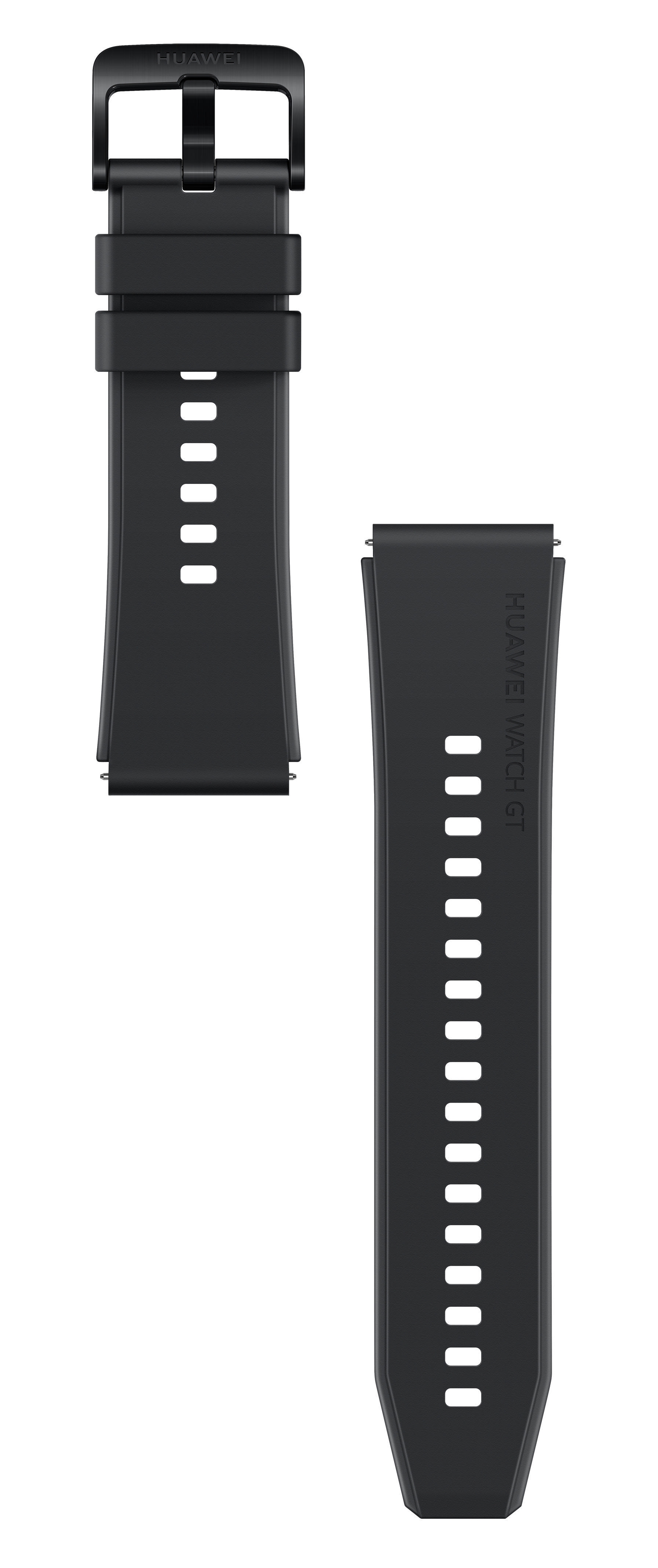 Schwarzes Uhrenarmband, Huawei-Marke, Schnalle, weißer Hintergrund.