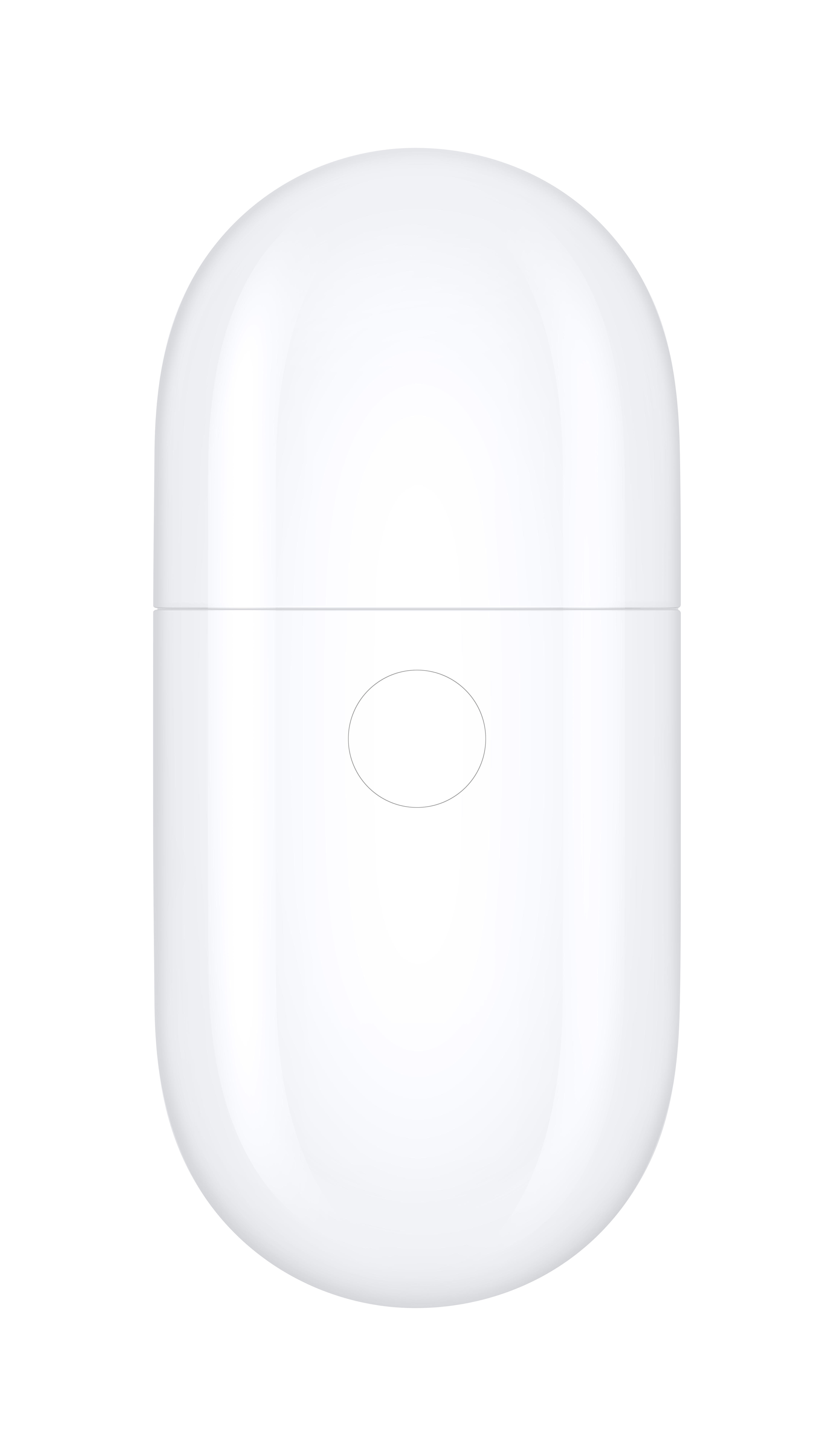 Ein weißes, oval geformtes Ohrhörer-Ladeetui mit einem einzigen Knopf.