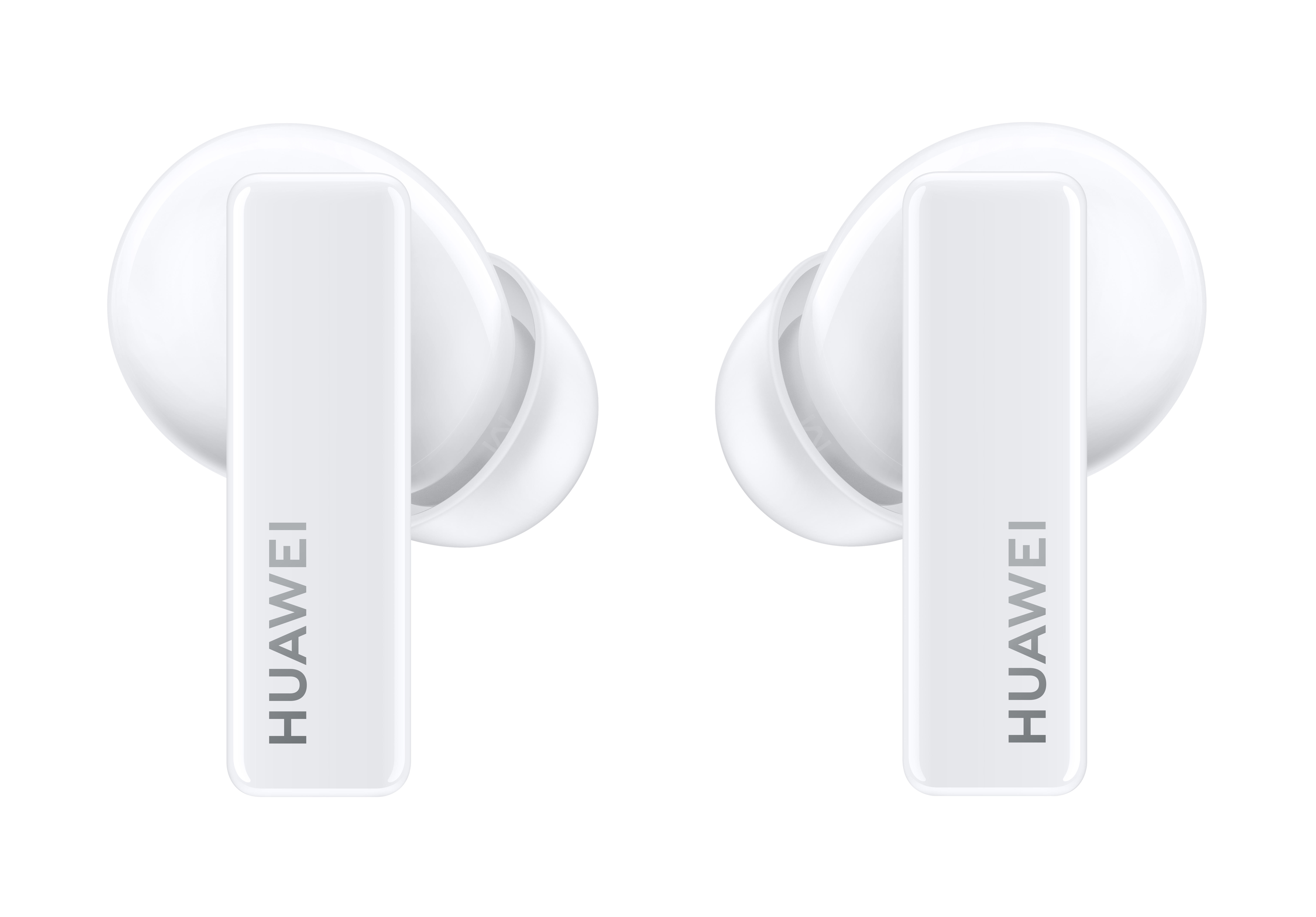 Zwei weiße Huawei-Ohrhörer nebeneinander auf weißem Hintergrund.