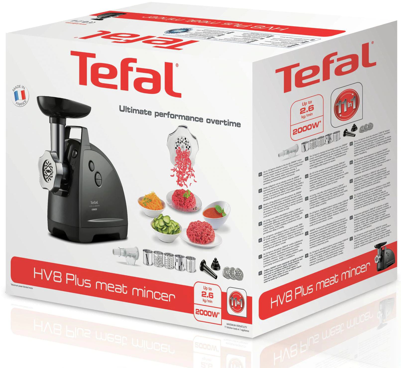 Egy Tefal húsdaráló doboz, a darálóval és a tartozékokkal. Fehér háttér.