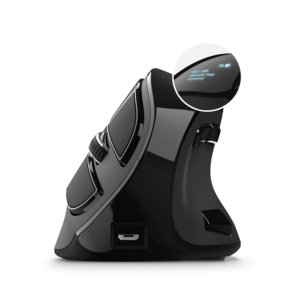 Black ergonomic vertical mouse. A screen displays Bluetooth mode and battery percentage. White background.