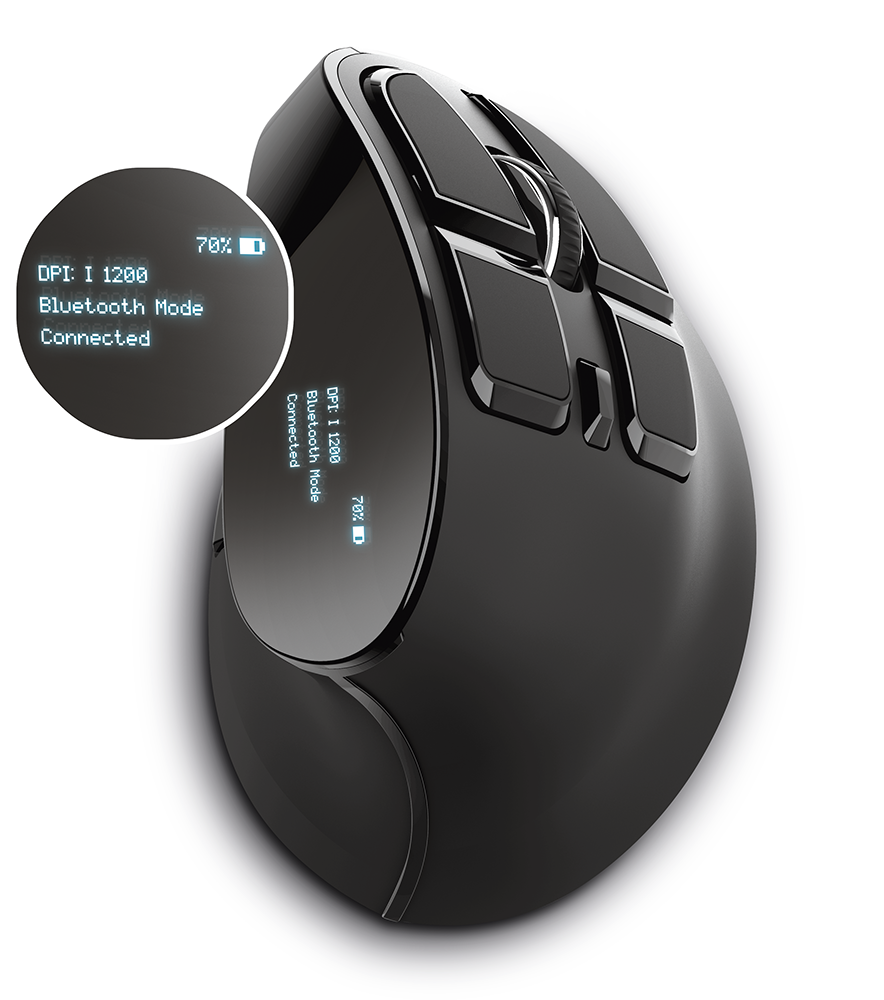 Black mouse with an indicator that shows DPI, Bluetooth Mode, and connection status.