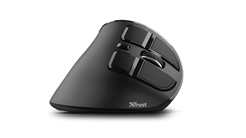 Black ergonomic computer mouse. Features buttons and a scroll wheel. White background.