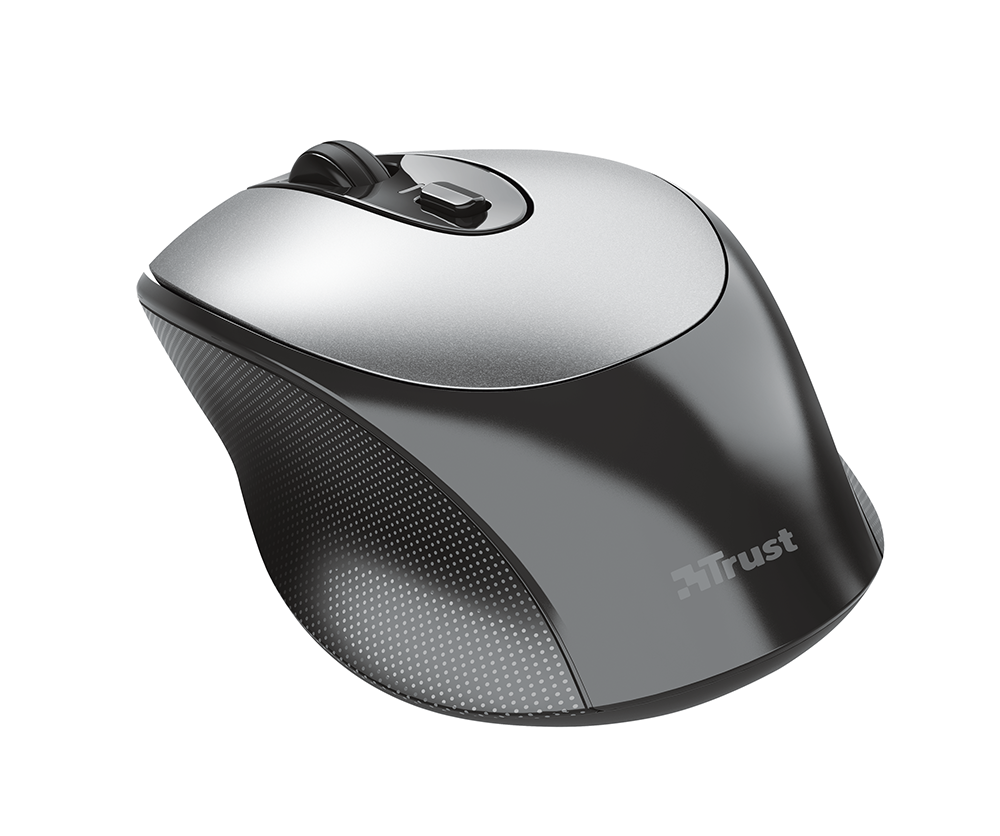 Silver and black computer mouse with two buttons and a scroll wheel.