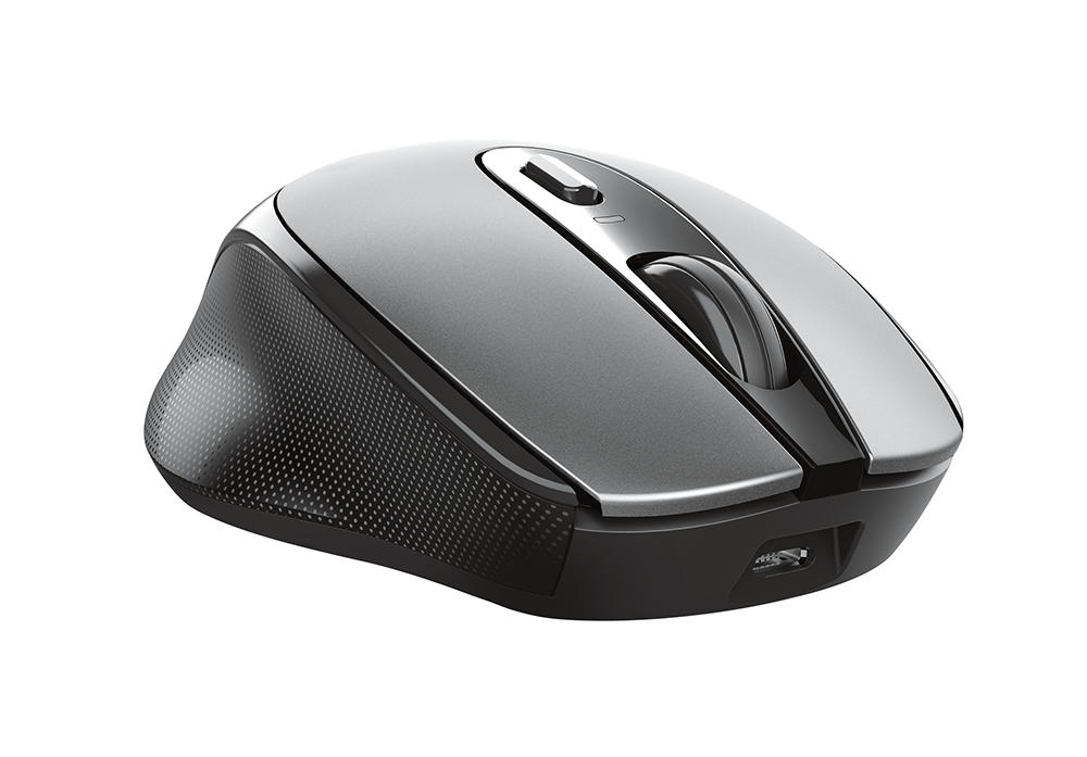 A silver and black wireless mouse, with a scroll wheel and a charging port.