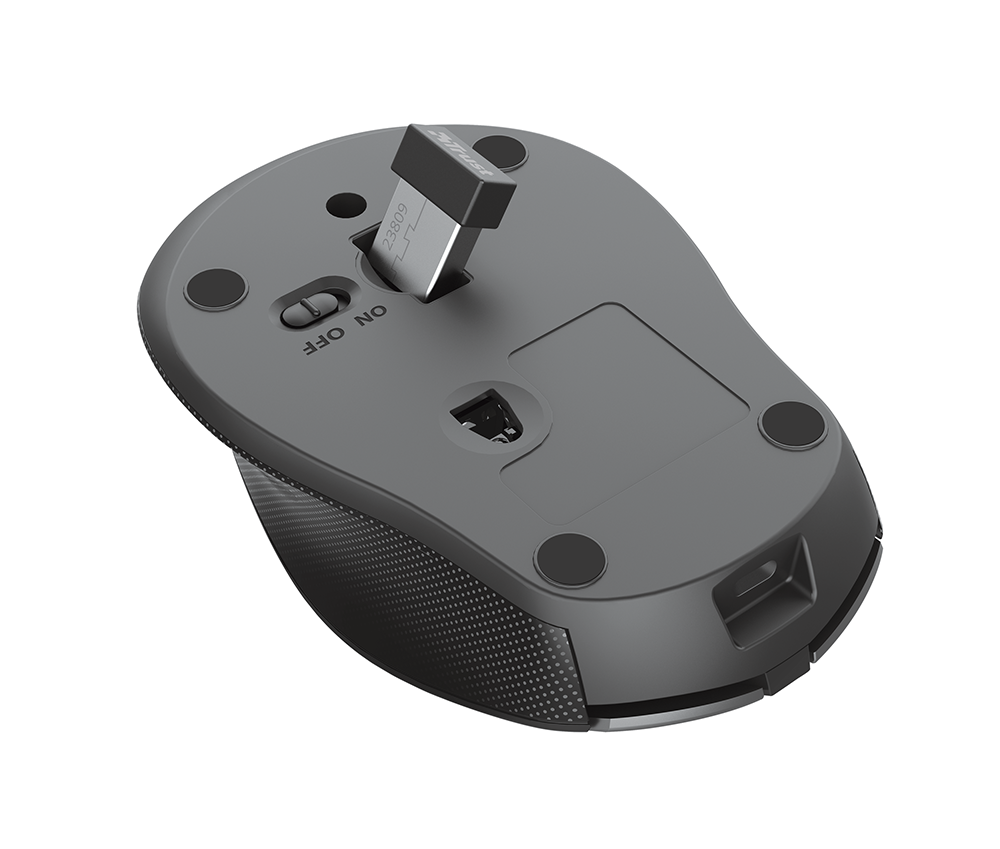 Gray computer mouse with a USB receiver inside. The mouse has an on/off switch and black pads.