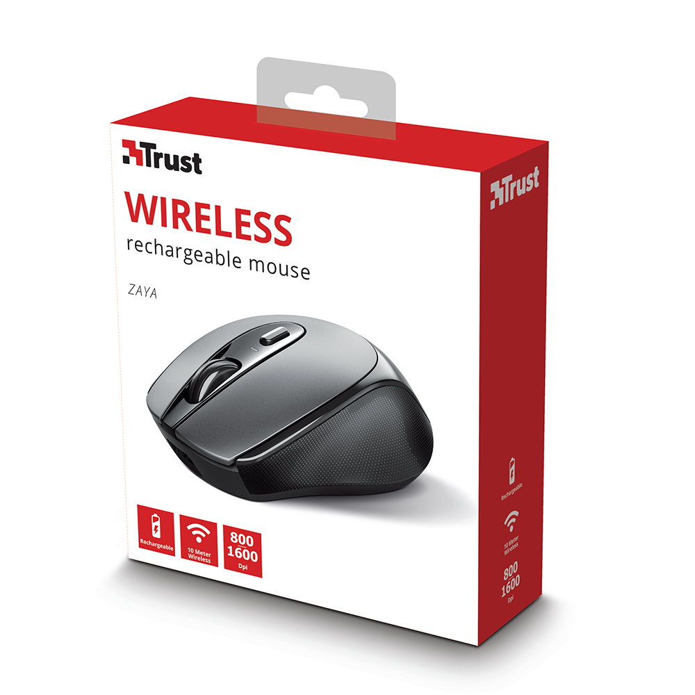 A grey Trust Zaya wireless rechargeable mouse in a red box with text.