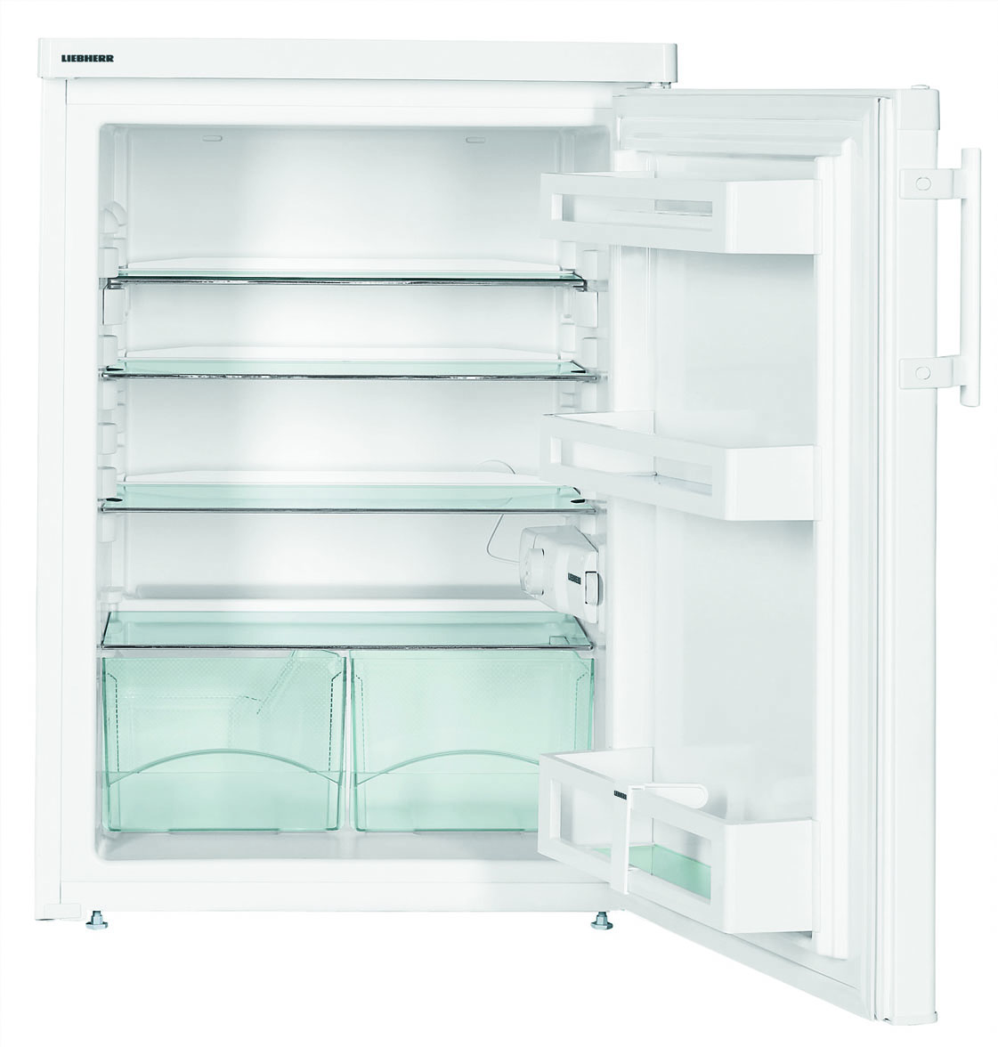 Ein leerer, weißer Kühlschrank mit Glasböden und zwei transparenten Schubladen.