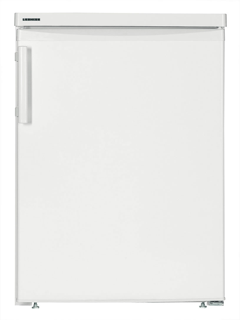 Ein weißer Kühlschrank von Liebherr mit silbernem Griff und silbernen Füßen.