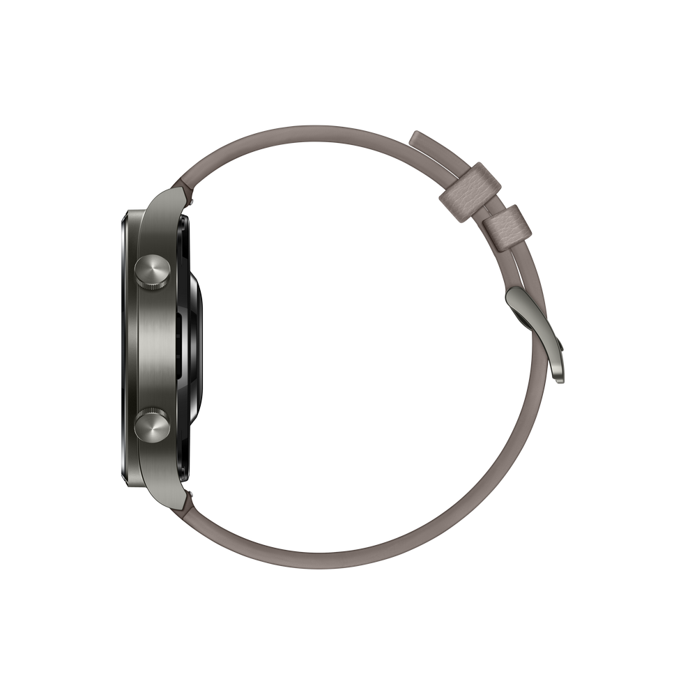 Reloj en un fondo oscuro. Vista lateral, con correa gris y cuerpo metálico.