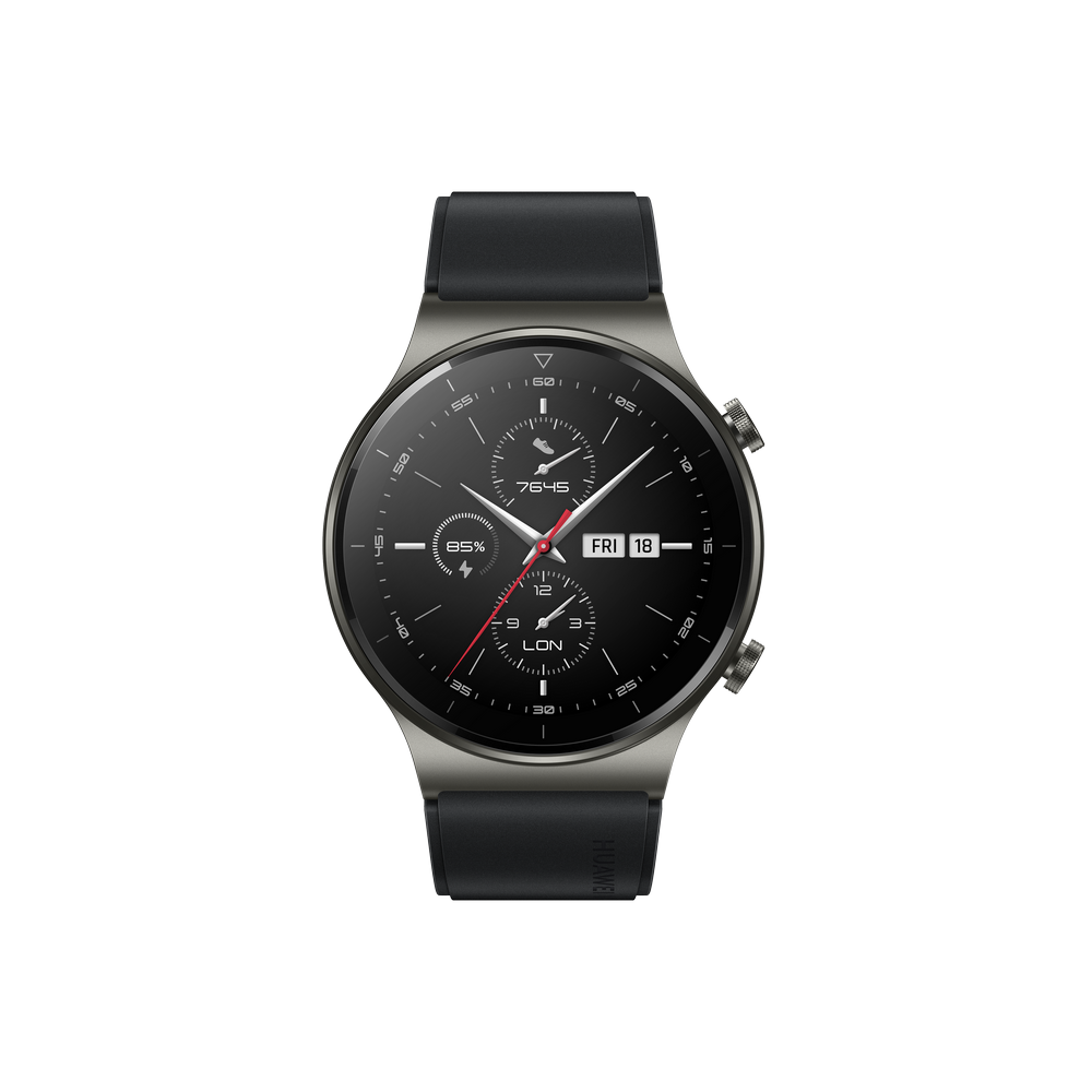 Un reloj inteligente negro con una correa negra. La esfera muestra la hora y otros datos.