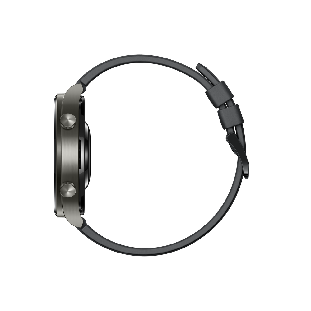 Una vista lateral de un reloj inteligente plateado con una correa gris oscuro.