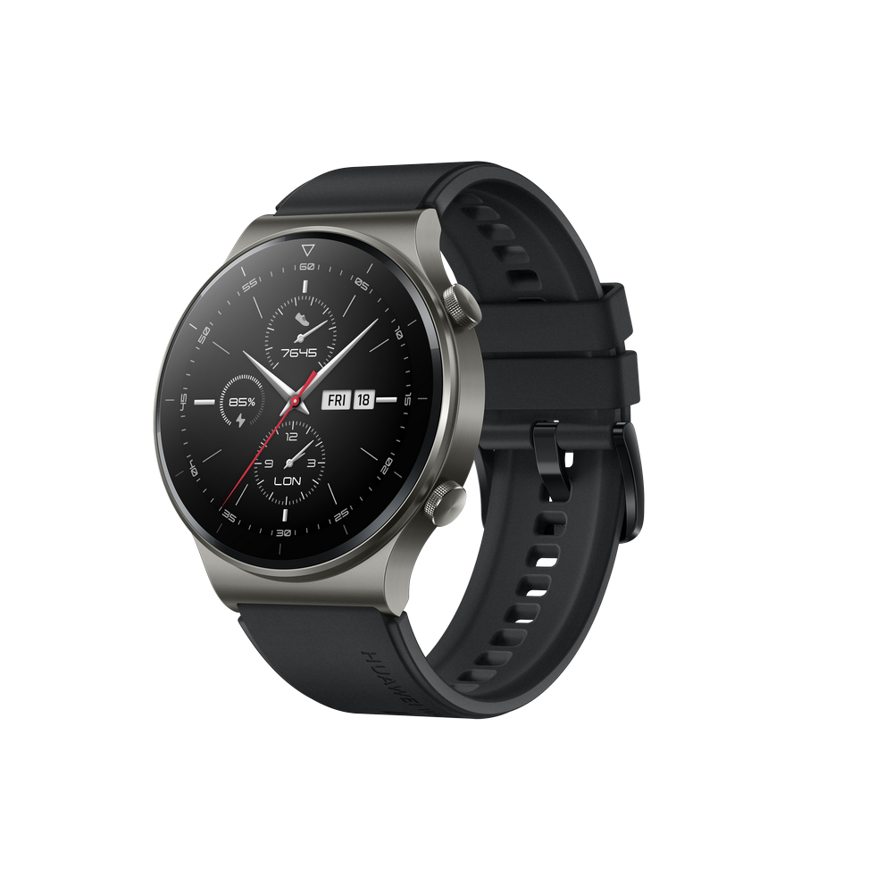 Smartwatch Huawei, correa negra, bisel plateado, con pantalla mostrando hora y estadísticas.
