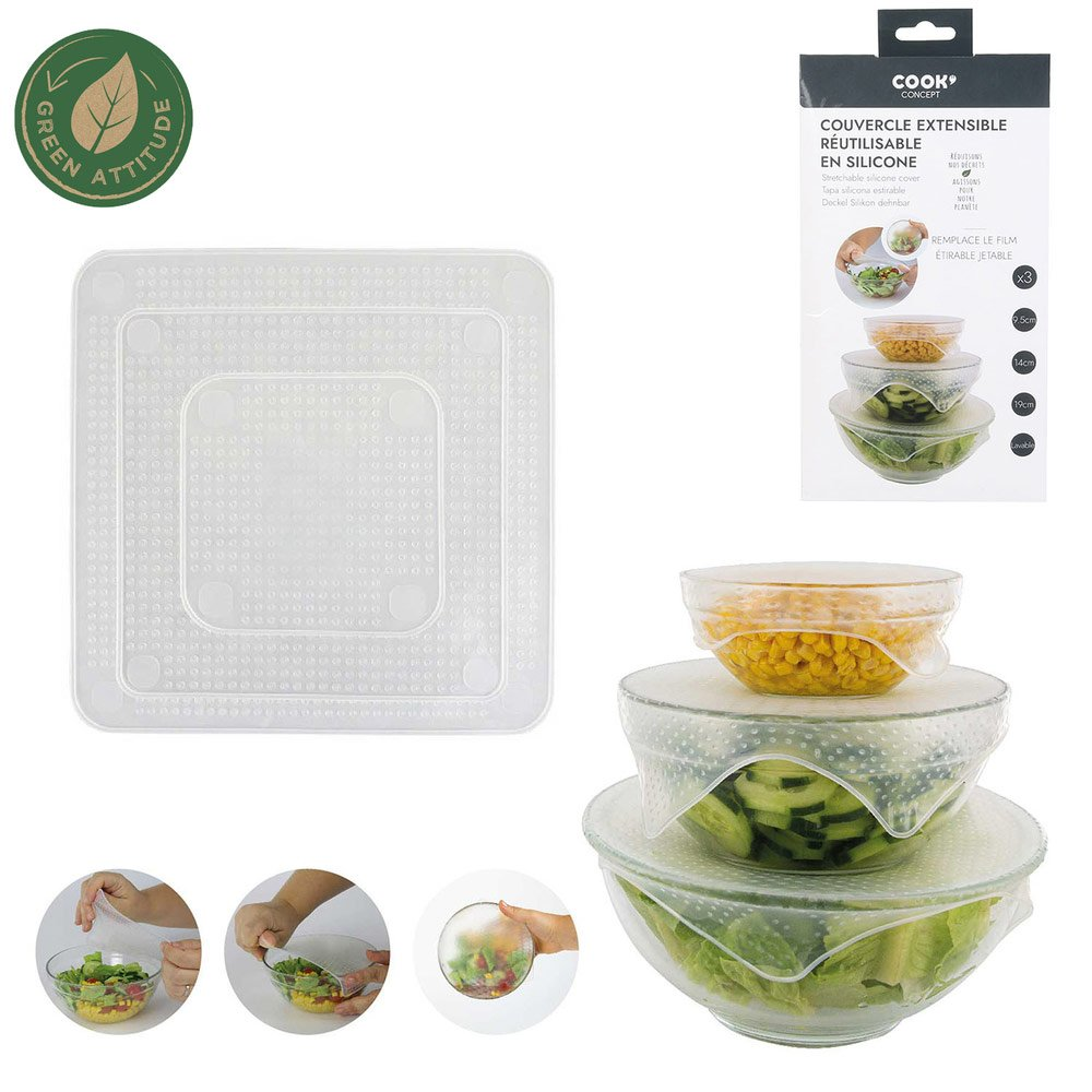 Cubiertas de silicona reutilizables para alimentos sobre blanco, con cuencos e instrucciones empaquetadas.