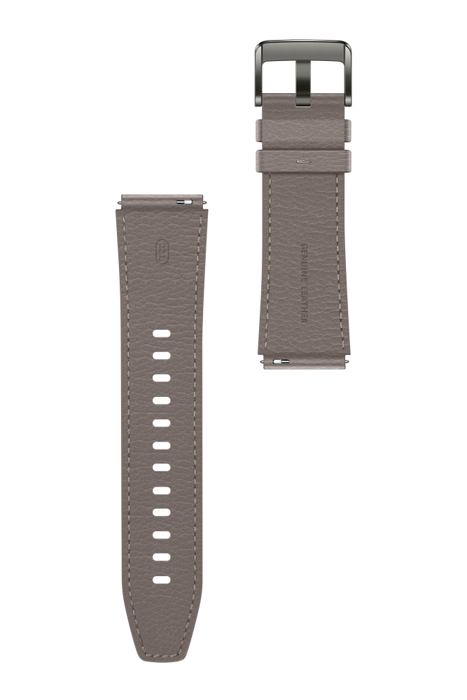 Una correa de reloj de cuero gris, separada. La correa tiene costuras y una hebilla.