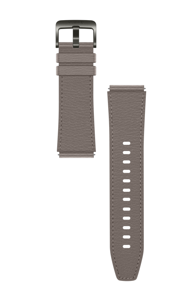 Una correa de reloj de cuero gris claro, con agujeros para ajuste y un cierre oscuro.