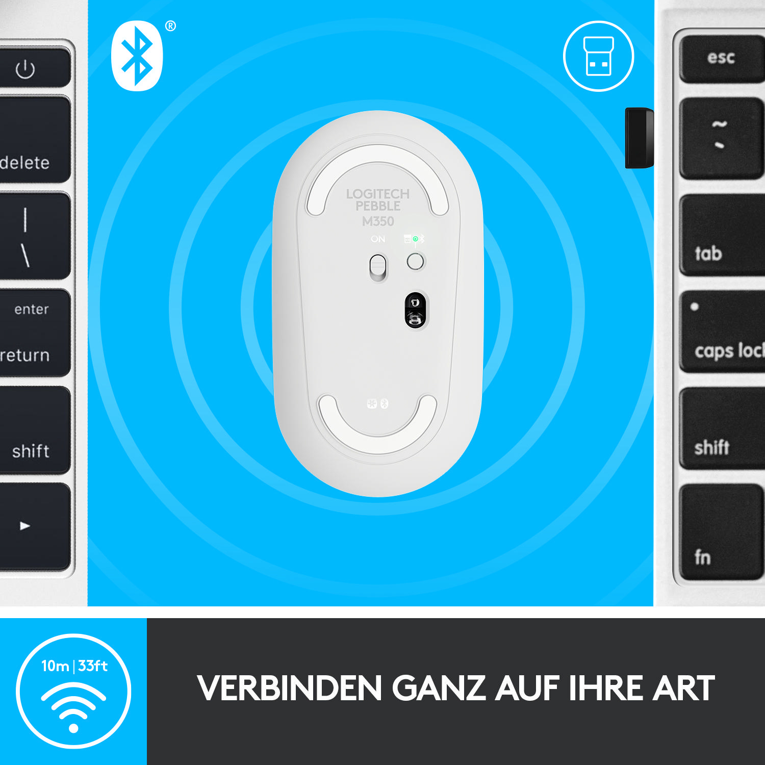 LOGITECH M350 kabellose, geräuscharme Bluetooth Maus, Weiß