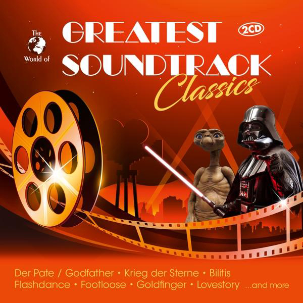 Albumcover: Greatest Soundtrack Classics. Filmrolle und E.T. und Darth Vader. Oranger Hintergrund.