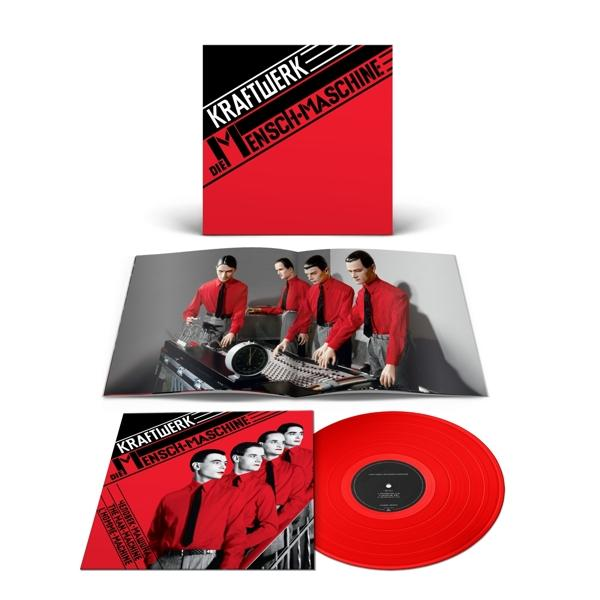 Kraftwerk Albumcover mit rotem, schwarzem Farbschema. Cover und Vinyl auf weißem Hintergrund.