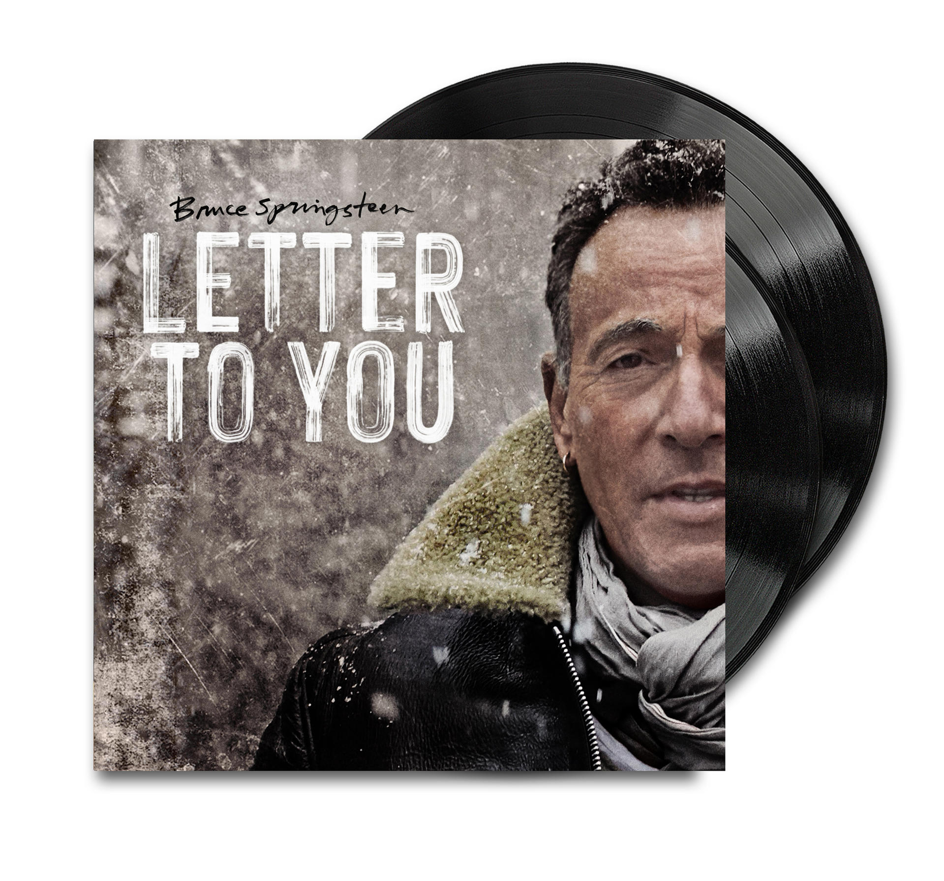 Bruce Springsteens Albumcover 'Letter To You' mit zwei schwarzen Schallplatten. Springsteens Gesicht ist sichtbar.