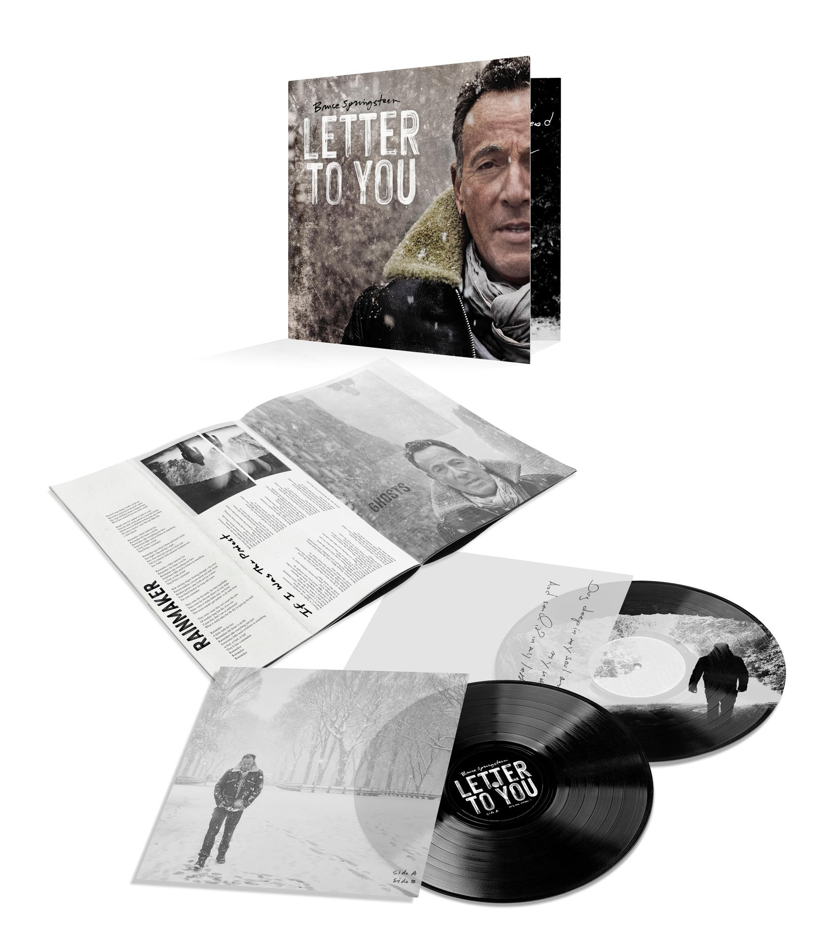 Albumcover mit einem Mann auf einer schneebedeckten Straße, Schallplatten und einem Booklet.