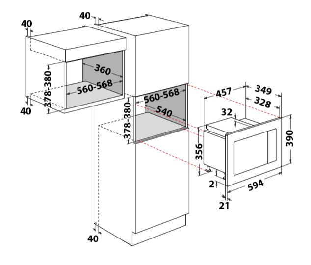 Beépített mikrohullámú sütő és szekrény diagramja, méretekkel.