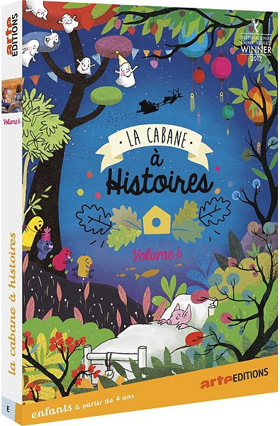 Boekomslag, cartoonstijl, nachtscène, met een titel 'La Cabane à Histoires' en een slapend personage.