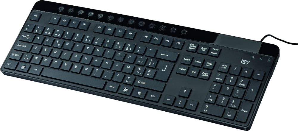 Clavier ISY noir avec des touches blanches. Des touches de fonction et un pavé numérique sont visibles.