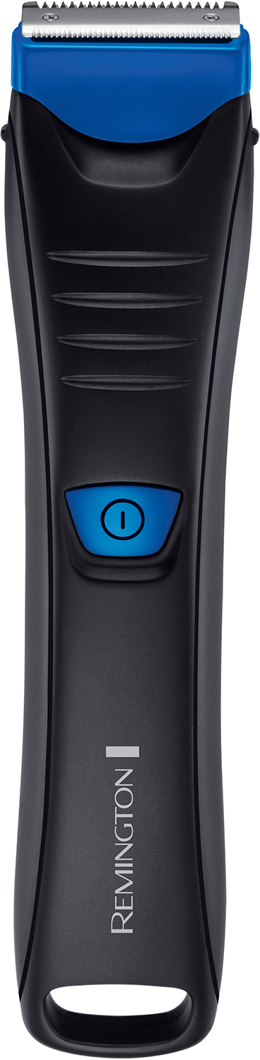 A black and blue Remington body groomer, vertical on white background.