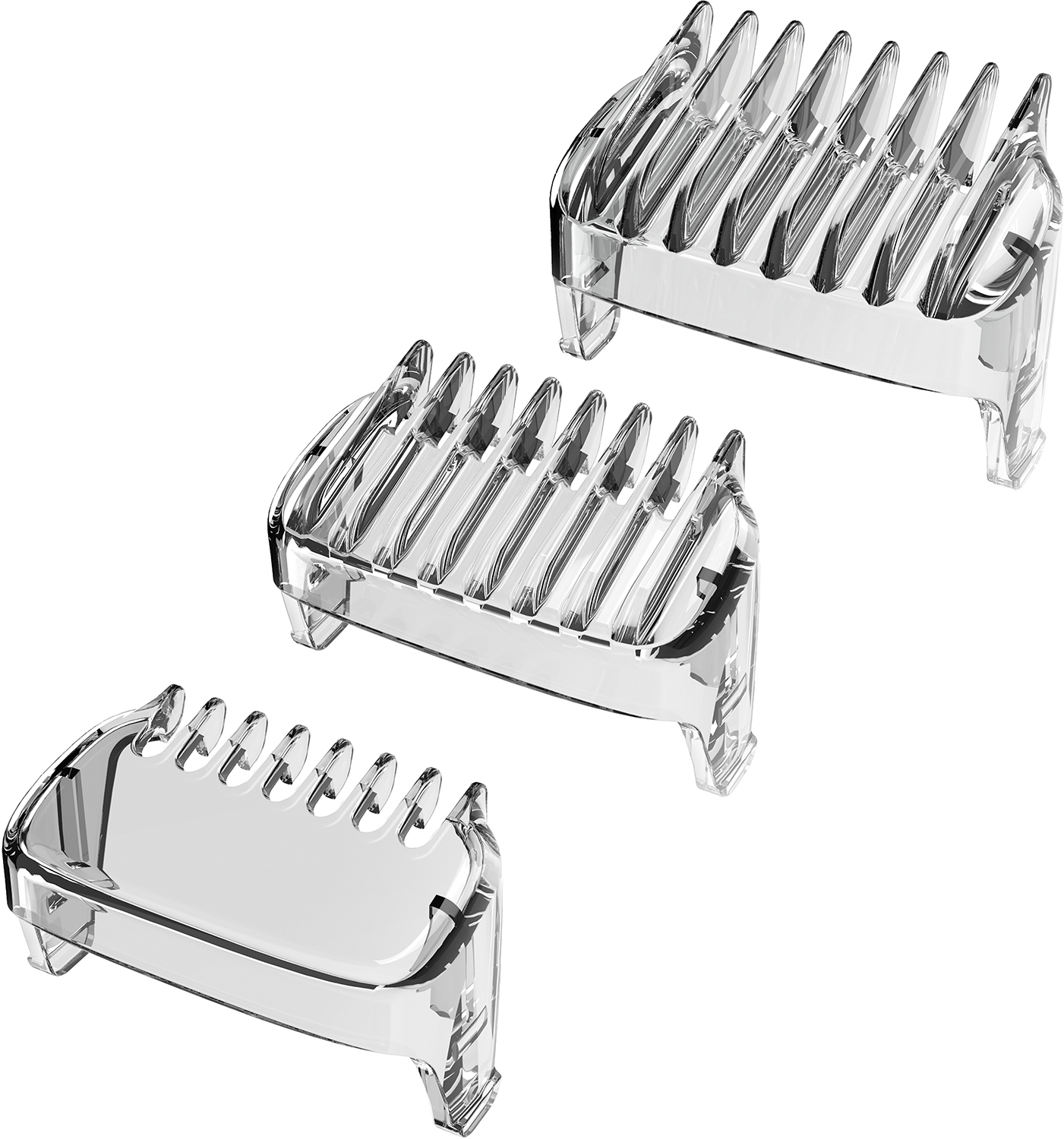 Three clear plastic beard trimmer attachments. Different sizes and shapes.