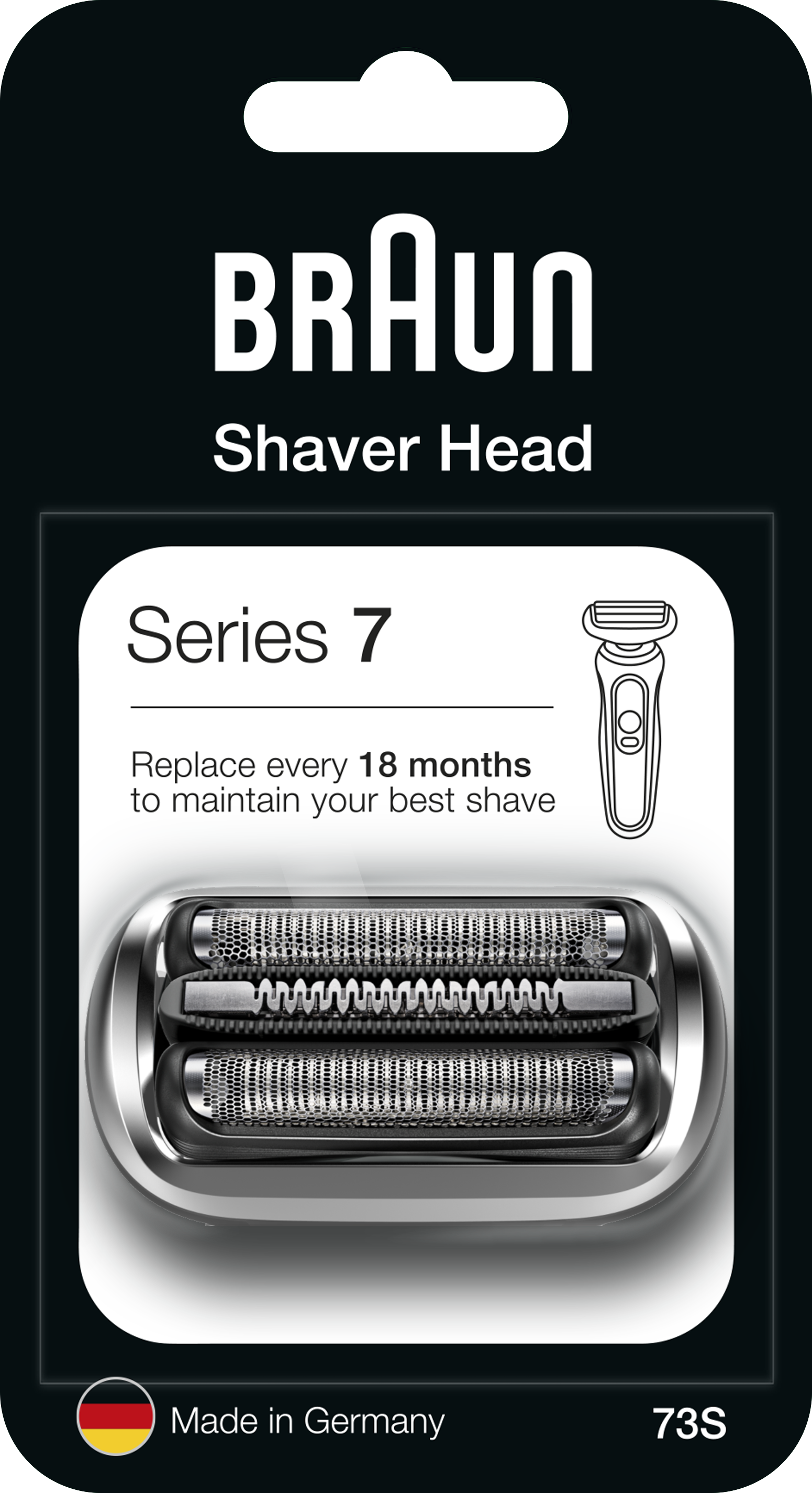 Braun Series 7 scheerkop op zwarte achtergrond. Zilveren mesjes en verpakking.